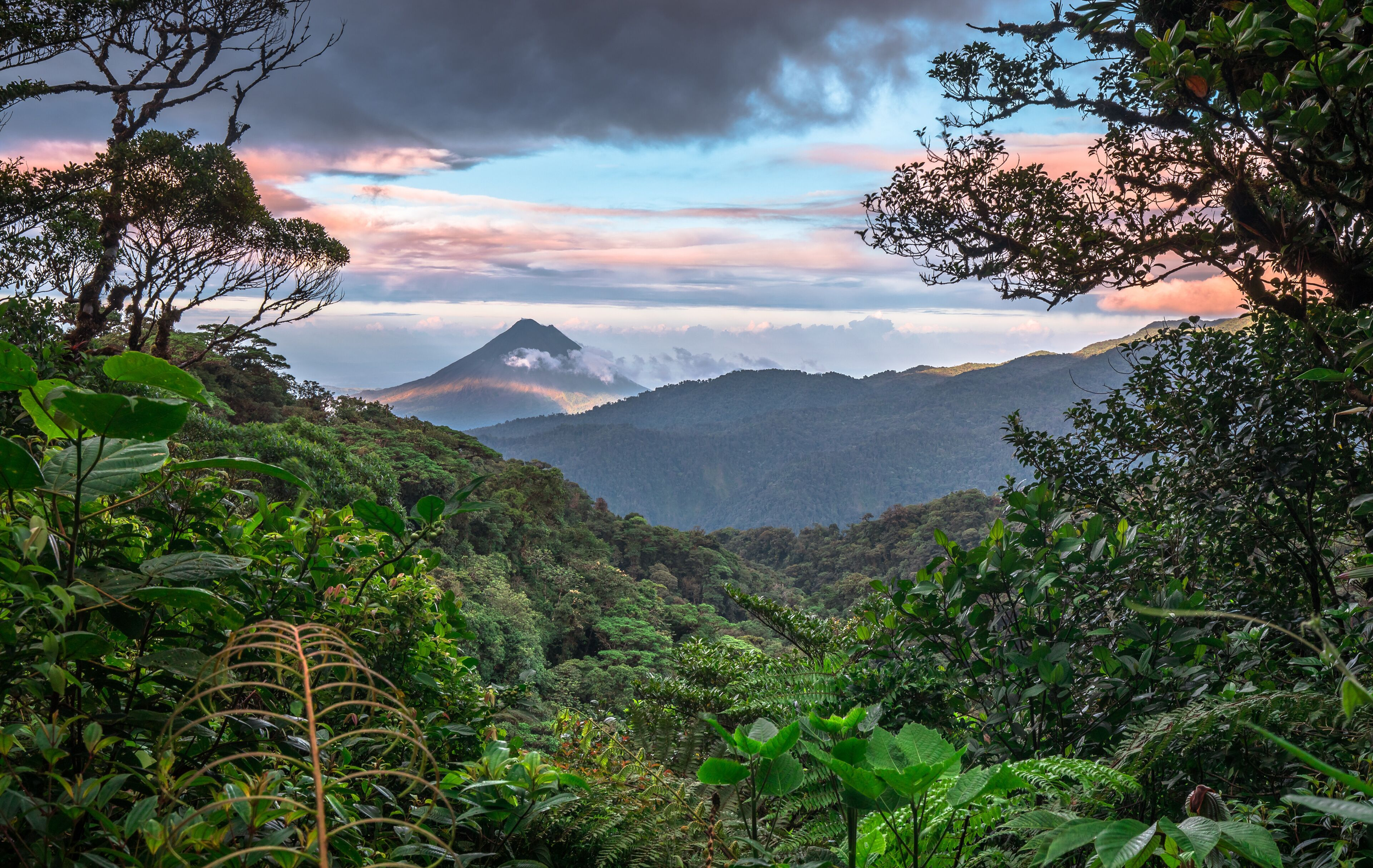 Paysage de forêt luxuriante avec une montagne et un volcan en arrière-plan, au coucher du soleil, avec des nuages dans le ciel.