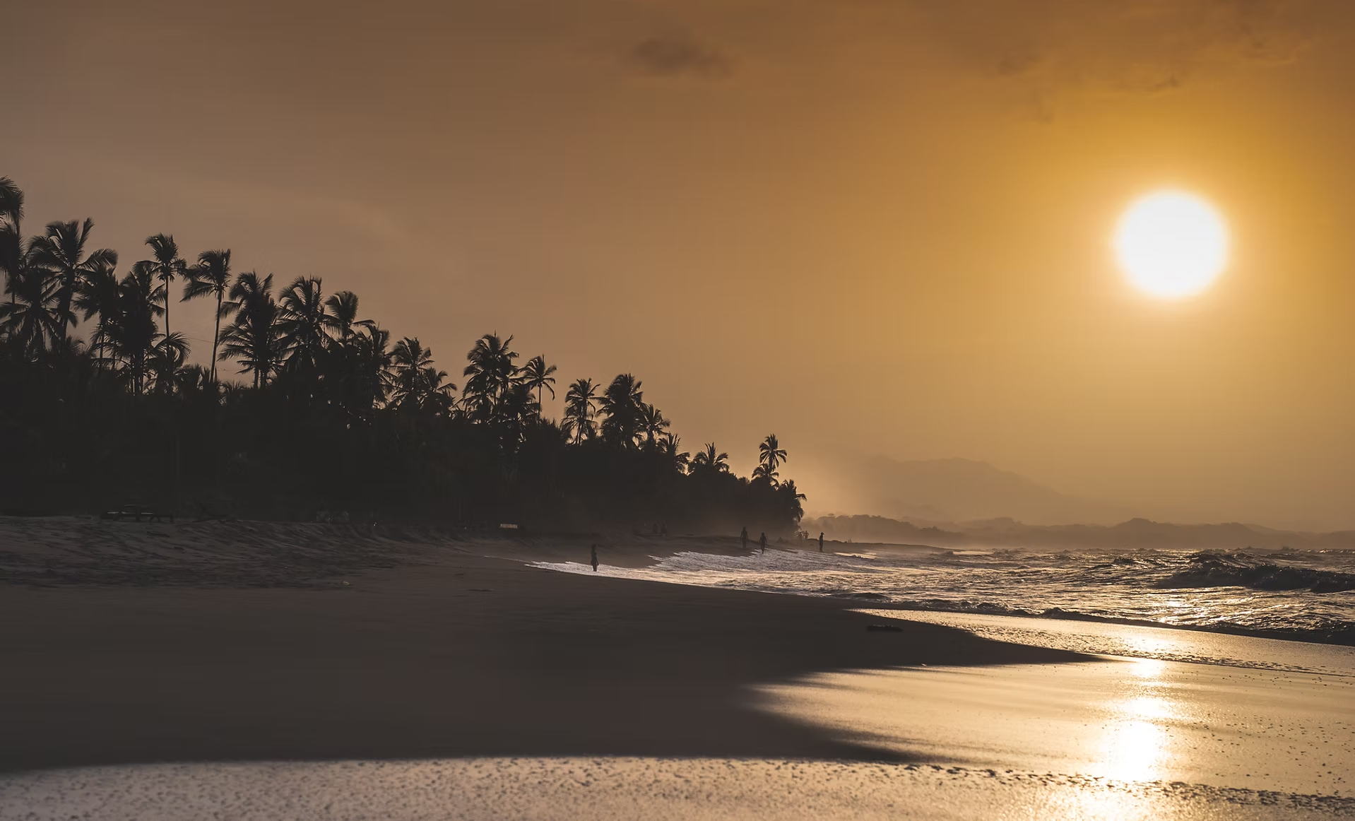 Coucher de soleil sur une plage avec des palmiers, des silhouettes de personnes marchant le long du rivage et la mer calme.