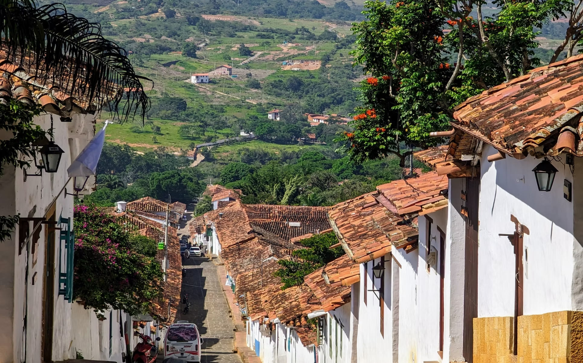 Vue d'une rue escarpée dans un village avec des maisons à toit en tuiles rouges, entourée de collines verdoyantes et d'arbres fleuris.