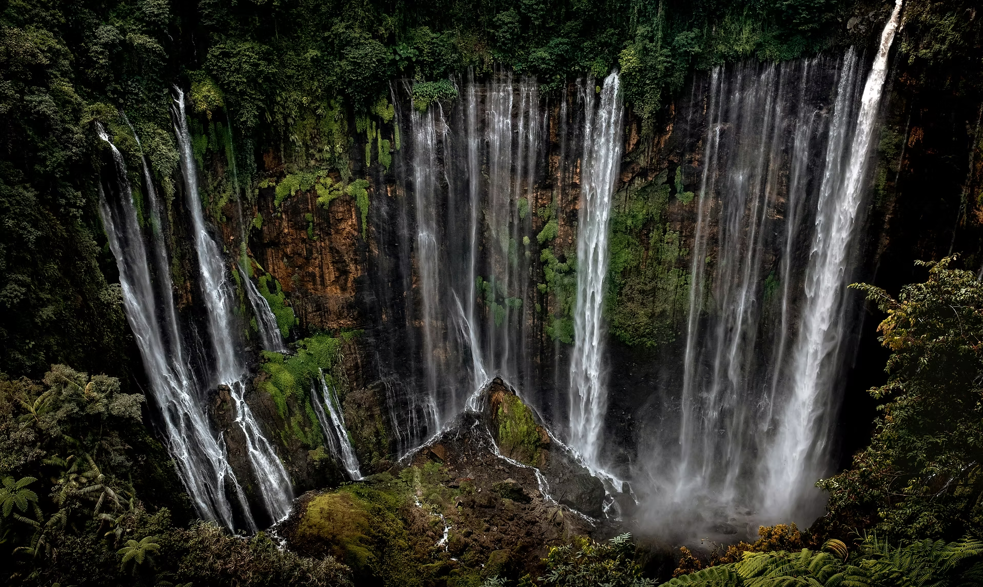 Cascade d'eau tombant d'une falaise dans une forêt dense verdoyante.