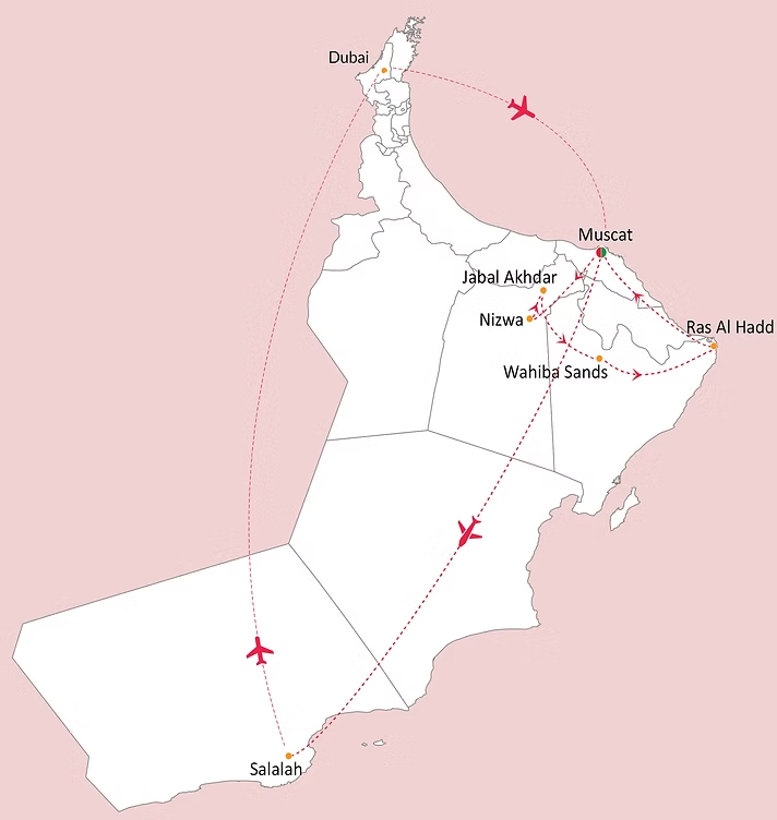 Carte de voyage avec itinéraire aérien entre Salah, sur la côte sud, et Dubai dans le nord, passant par diverses destinations comme Ras Al Hadd, Muscat, Nizwa, Jabal Akhdar, Wahiba Sands et Ras Al Haddi.
