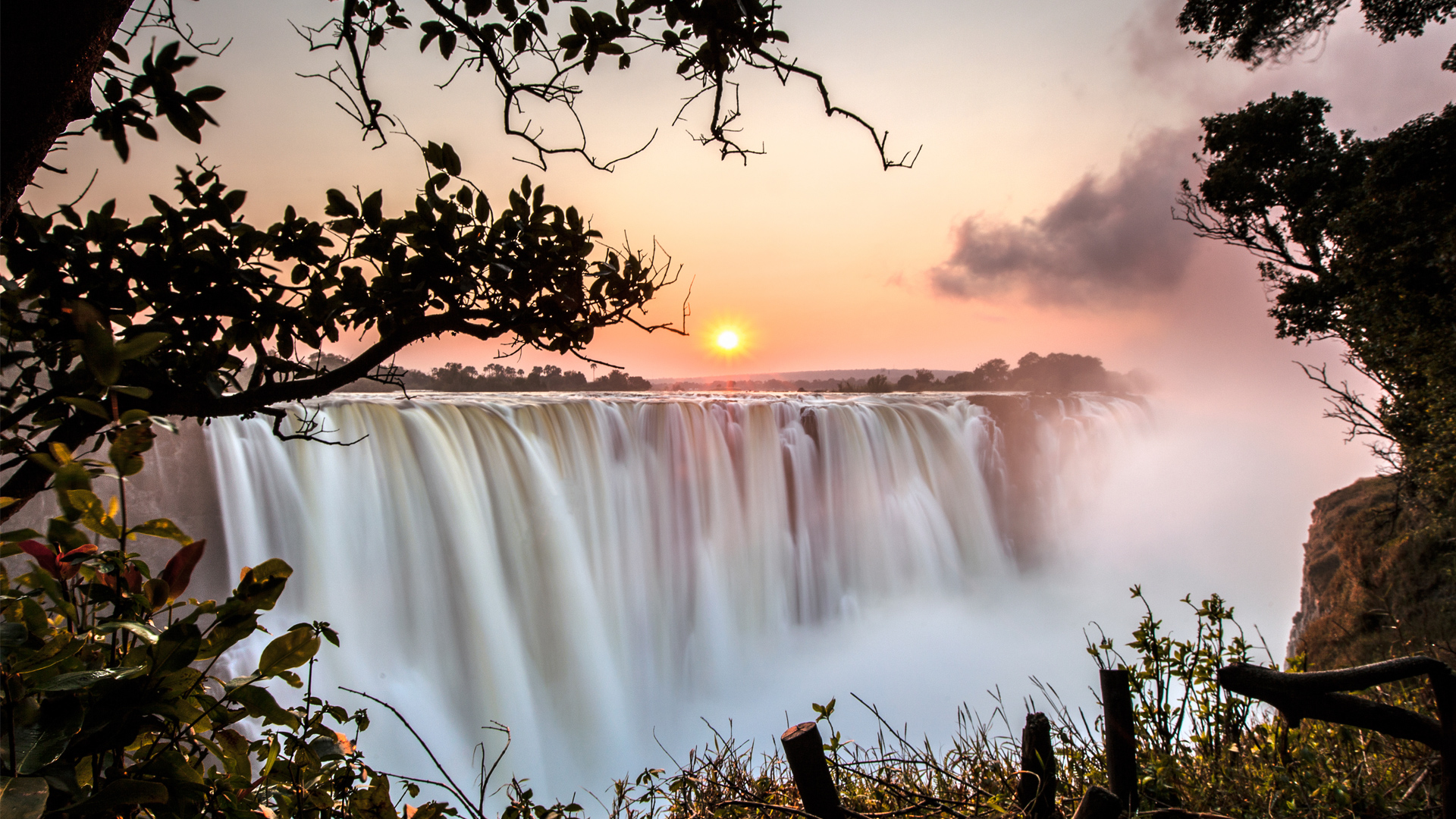 Cascades Victoria au coucher du soleil avec de l'eau qui tombe, entourée d'arbres et de brouillard.