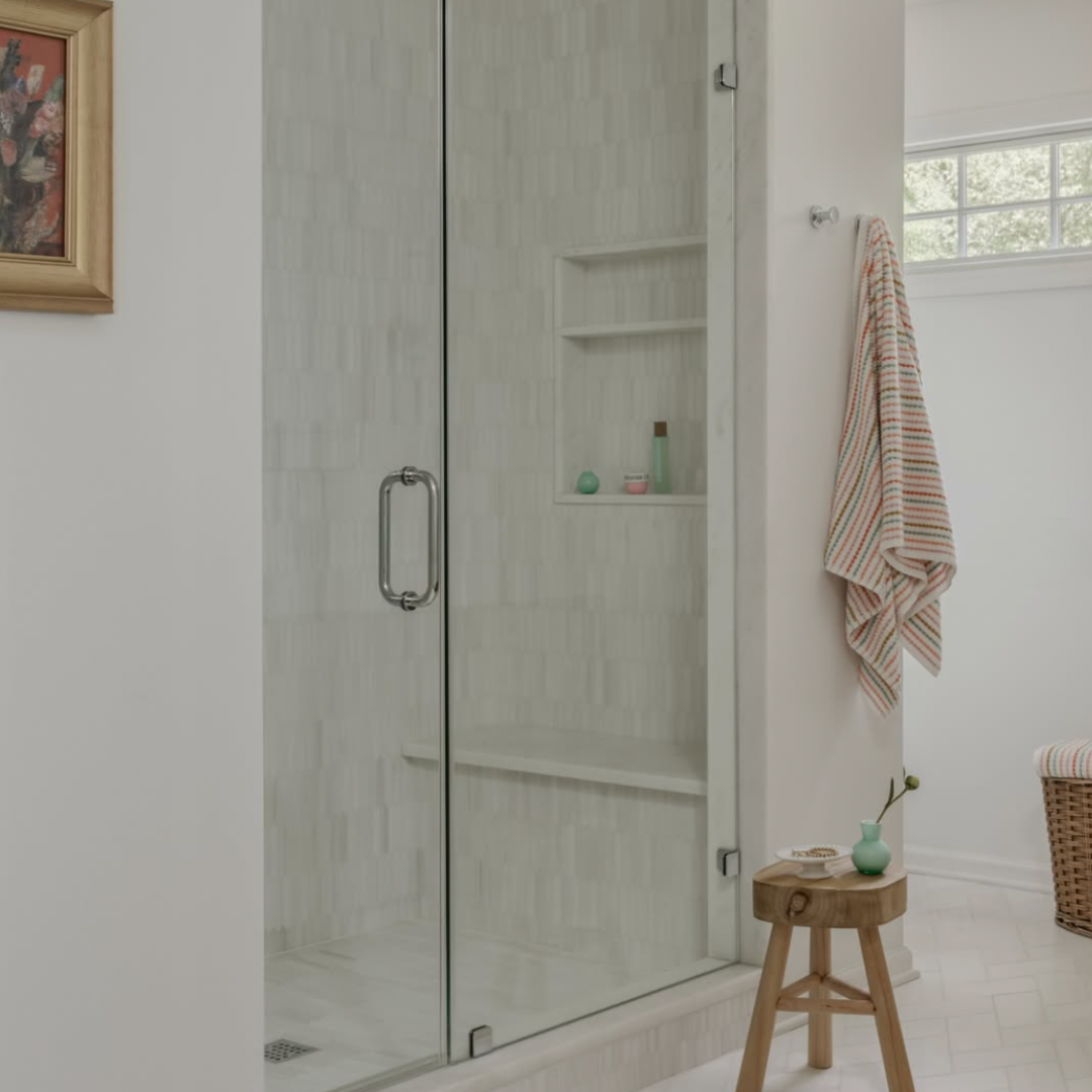 A glass shower enclosure with a metal handle, built-in shelves with toiletries, and a white tiled interior, next to a wall with a towel hanging and a small wooden stool with a vase and plant inside.