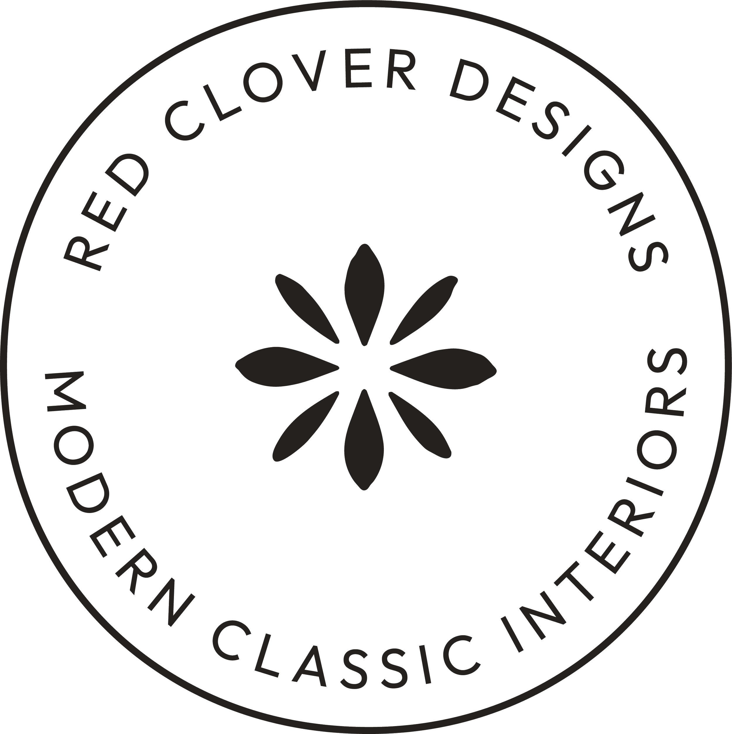 Black and white circular logo with the text 'World Clovers Over Designs' surrounding a stylized four-leaf clover in the center.