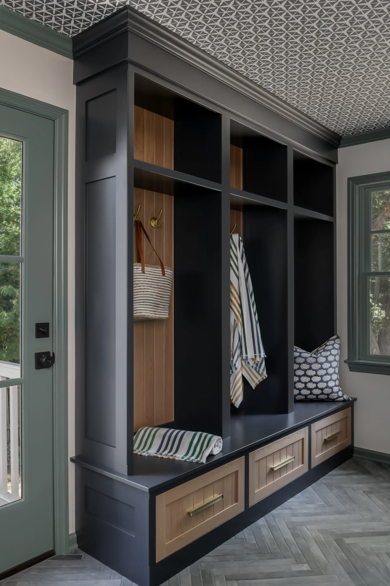 dark blue mudroom cabinetry