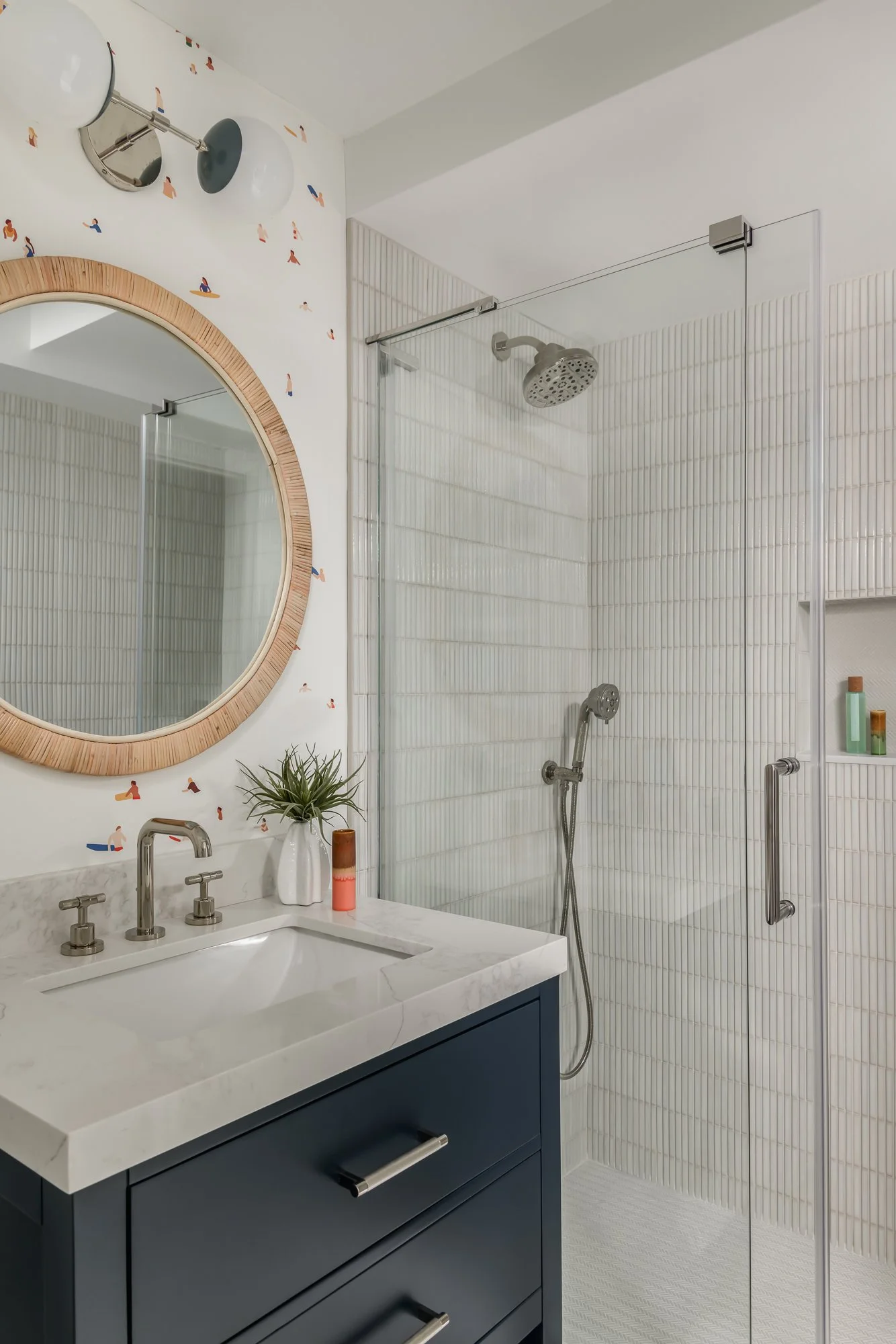 powder room with patterned wallpaper