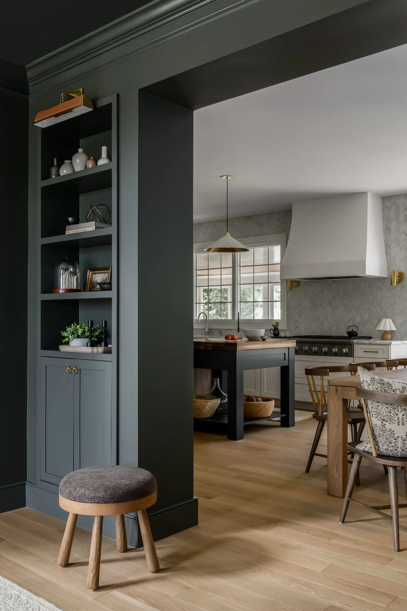 blue millwork framing kitchen