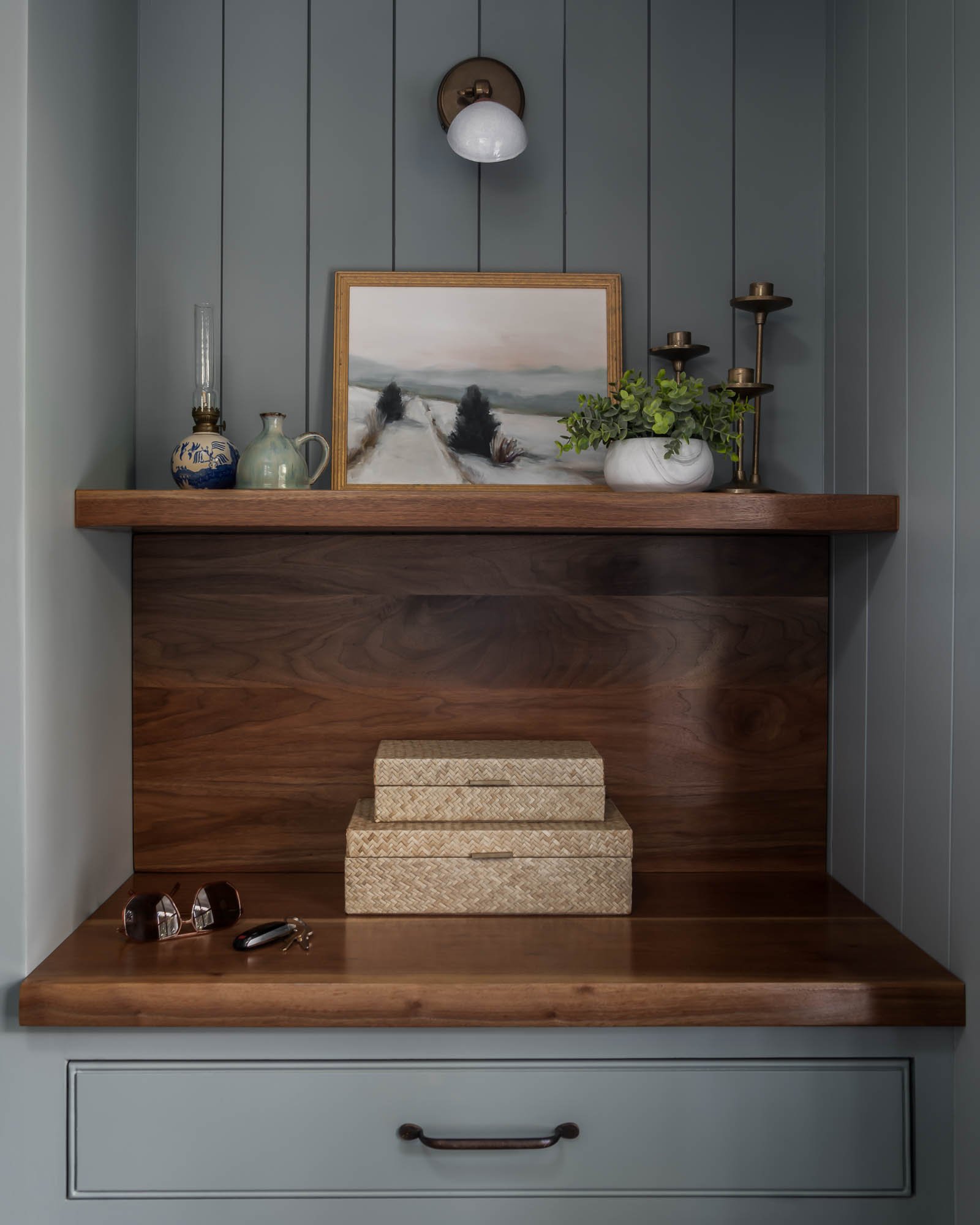wooden countertop and blue cabinetry