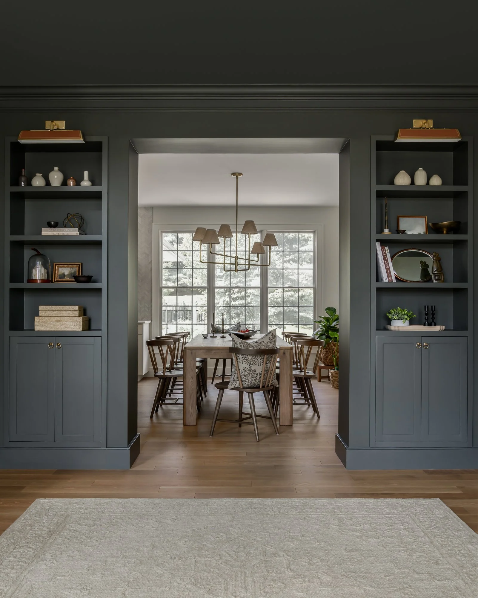 blue millwork framing kitchen