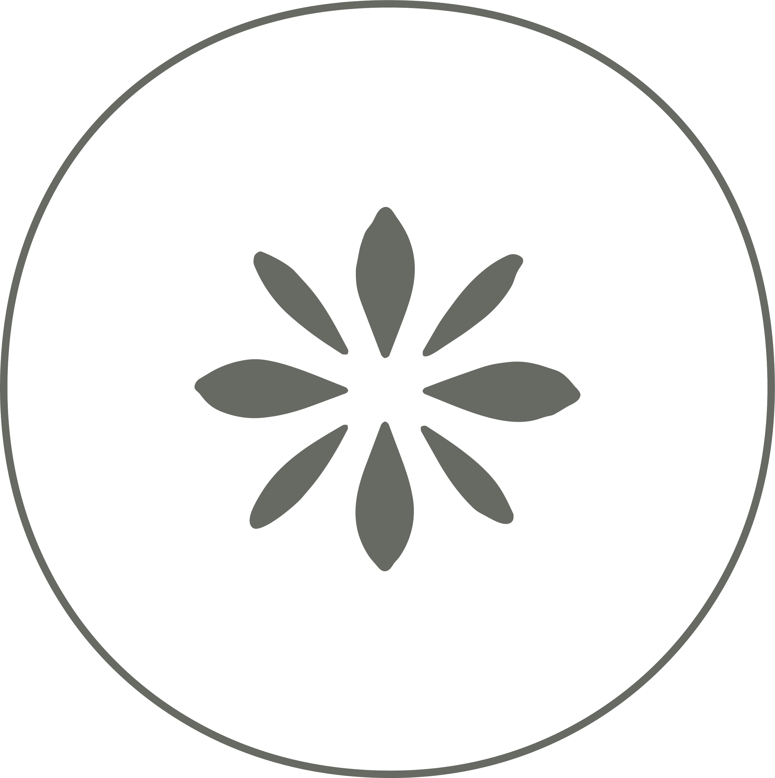 Minimalist gray outline of a flower with three petals inside a gray circle.