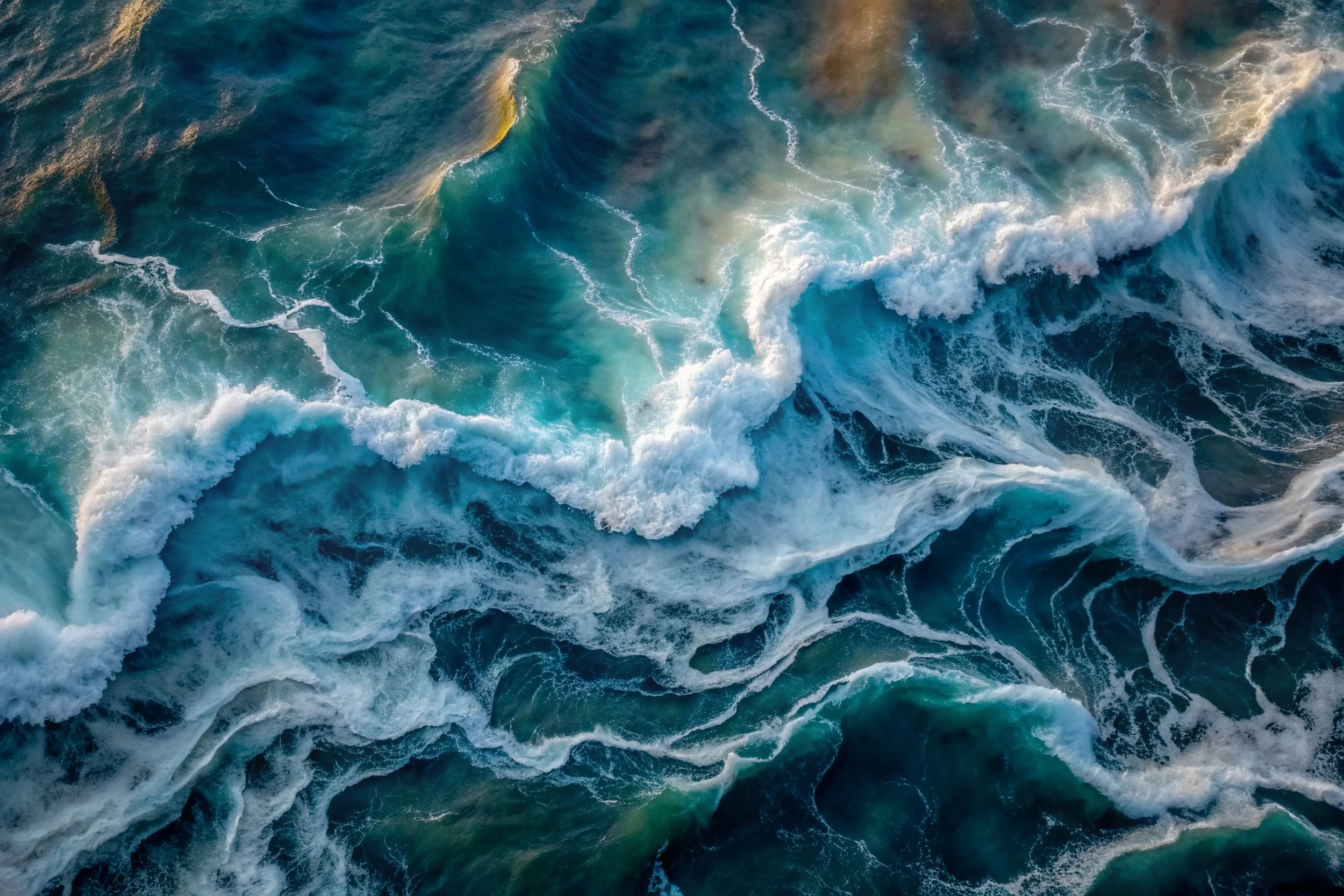 Aerial view of turbulent ocean waves with white foam and deep blue water.
