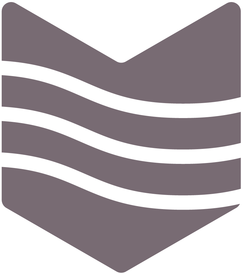 Gray and black stylized shield emblem with horizontal stripes.