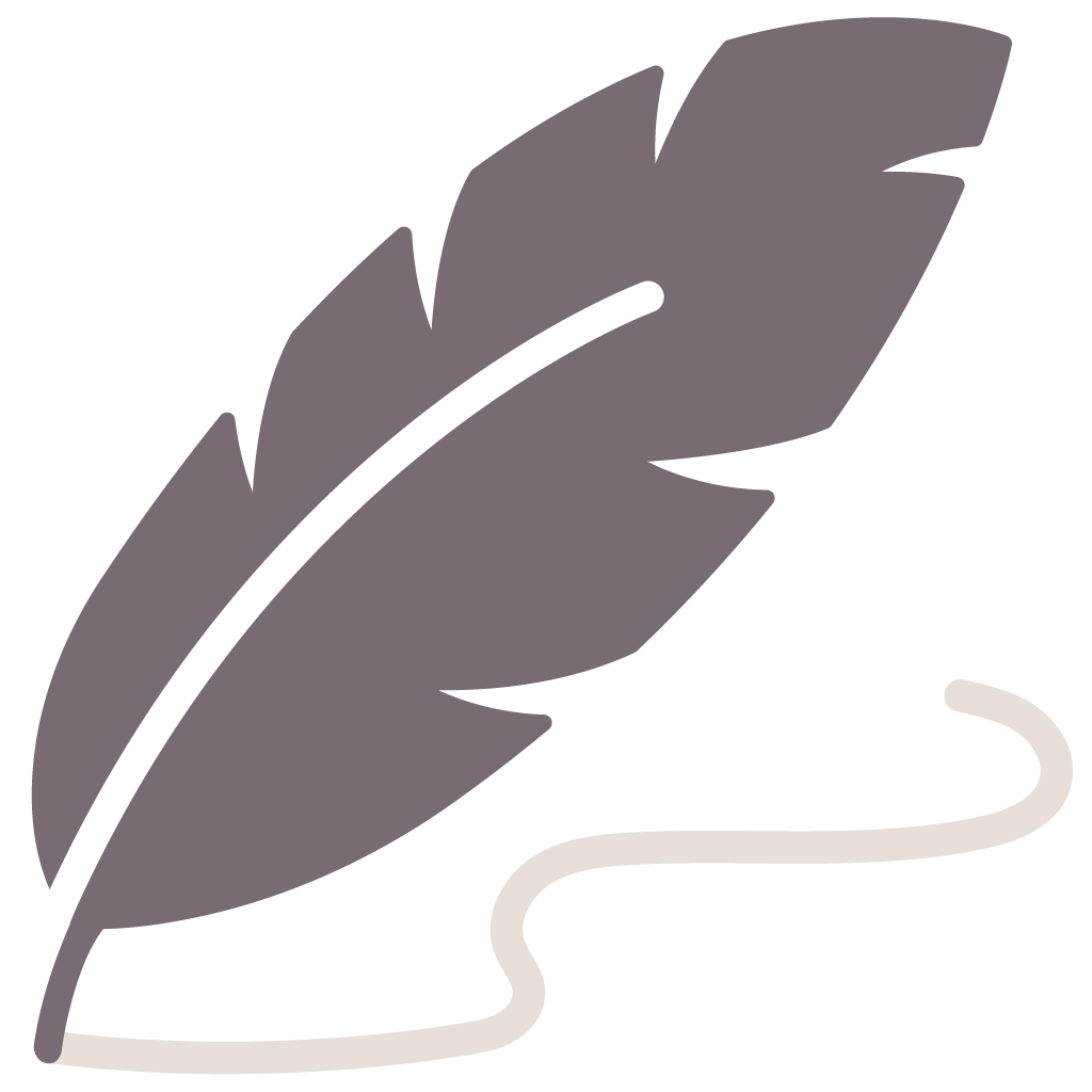 Stylized illustration of a gray feather with a curling quill tip on a black background.