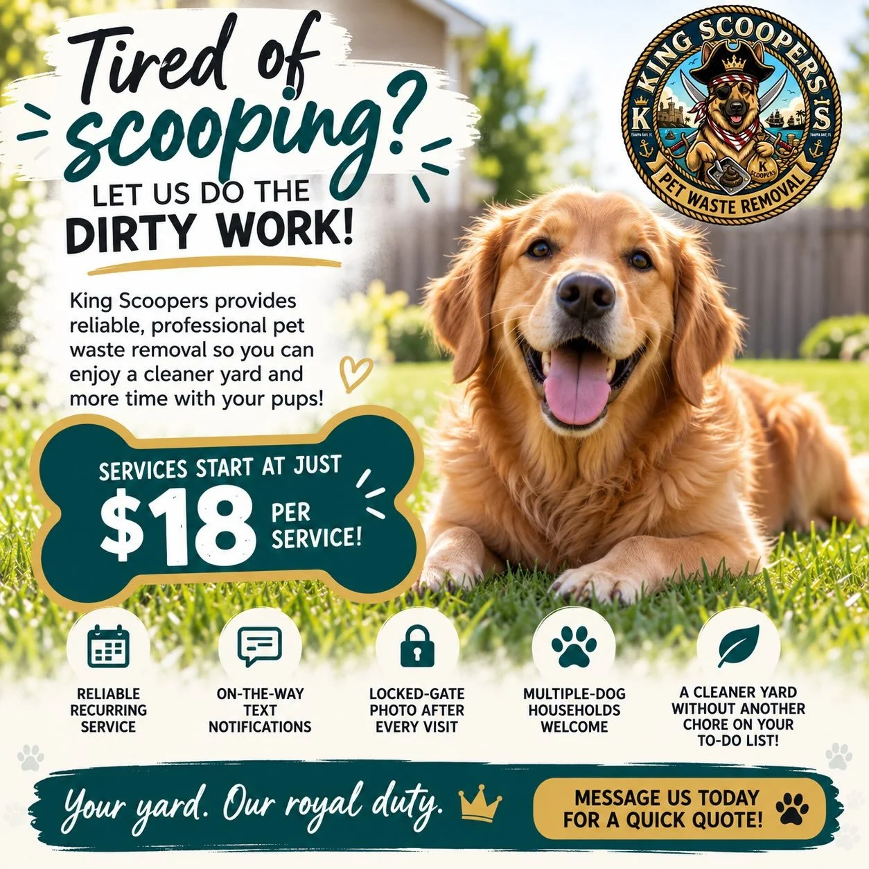 Tired of picking up your dogs poop? Let us do it for you! Call or text us today to get a fast and easy quote (813) 696-6750