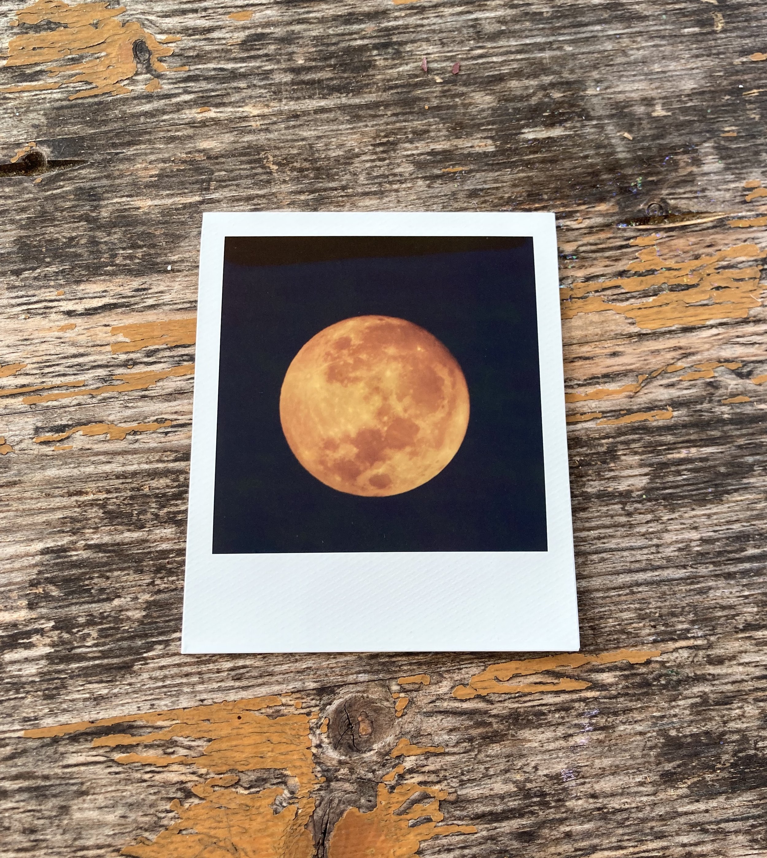 Polaroid photo of the moon captured using a telescope and instant film camera.