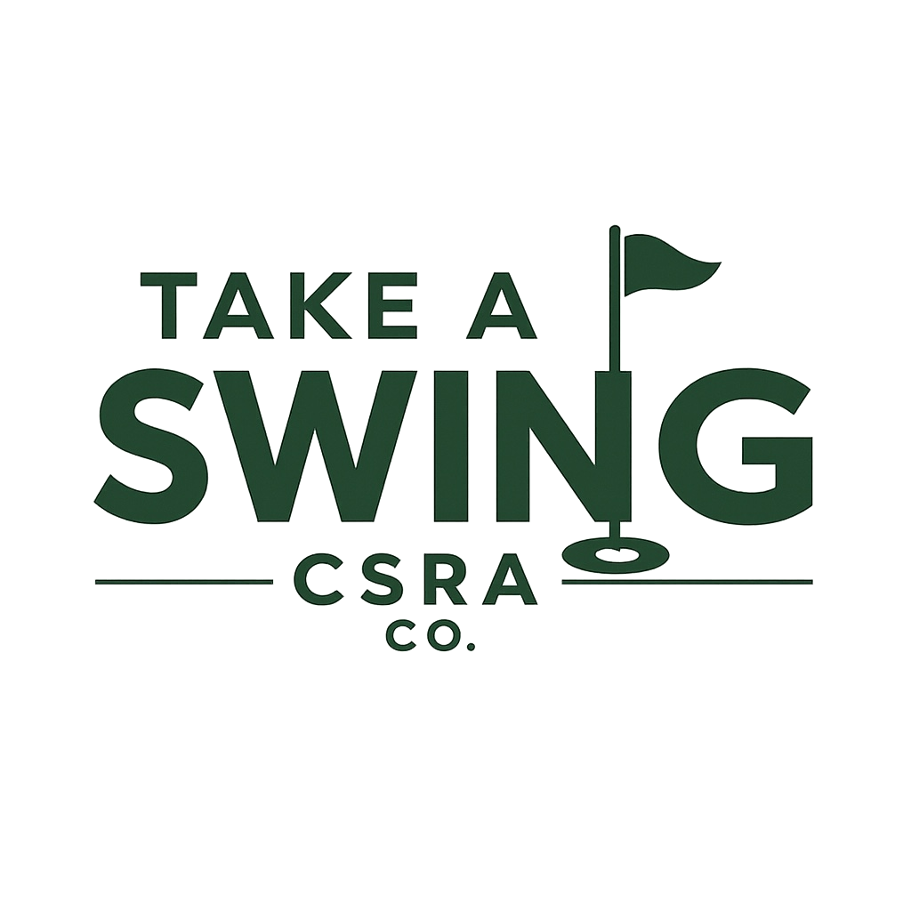 Text saying "Take a Swing CSR A Co." with a small golf flag on the letter G in a green and white color scheme.