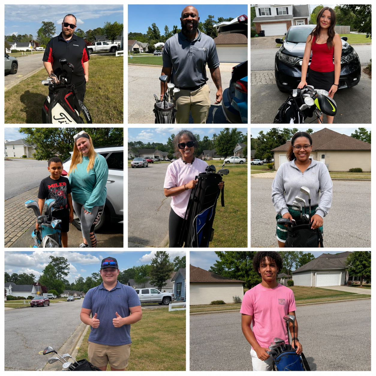 Group of people at a golf course or neighborhood, some with golf clubs and bags, posing outdoors with houses and cars in the background.