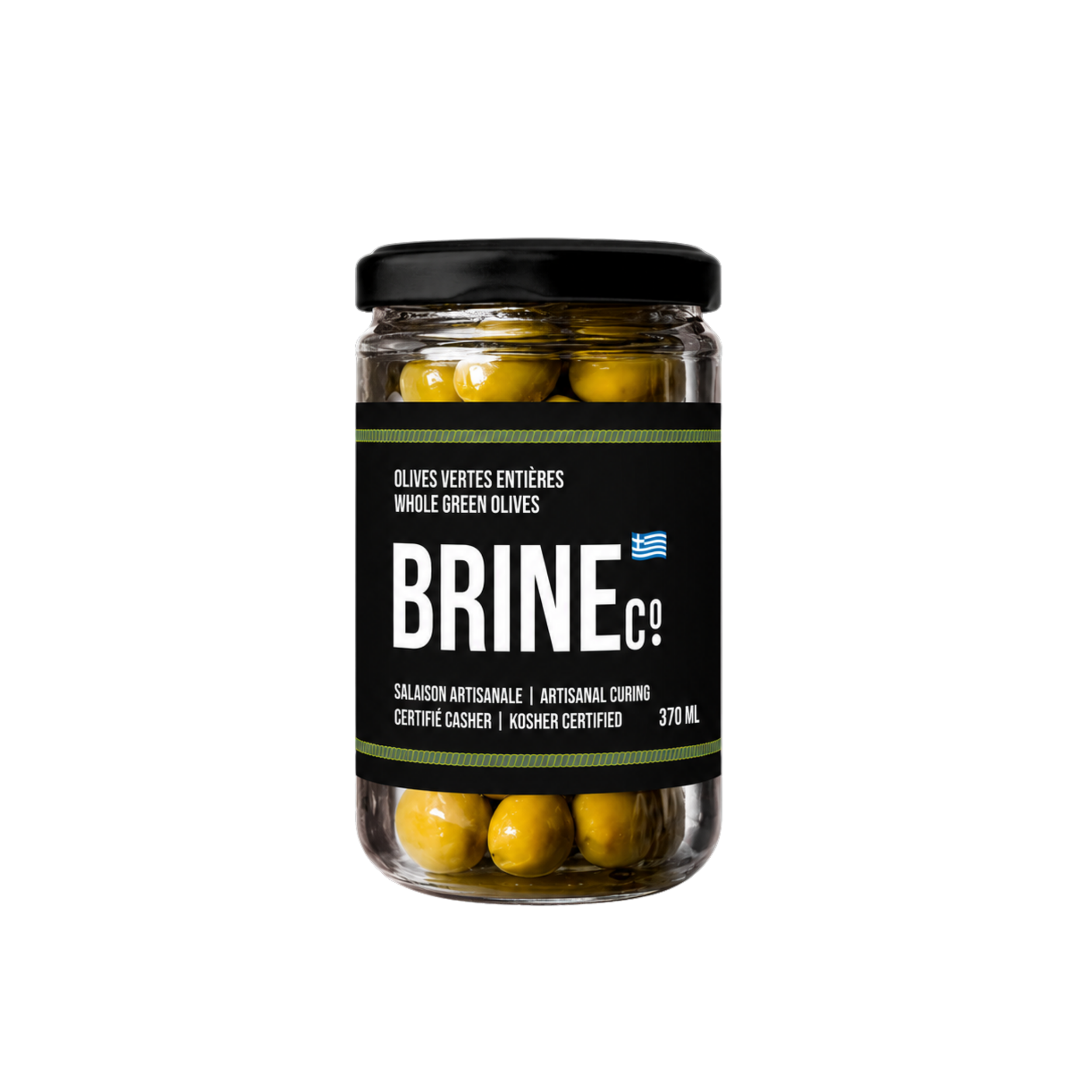 A jar of whole green olives with a black lid and a black label, containing yellowish-green olives.
