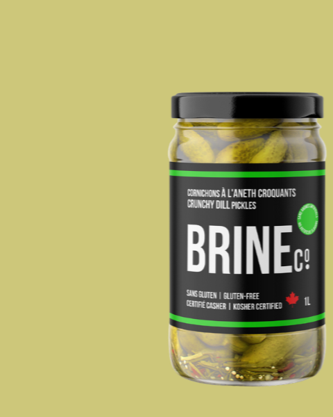 Brine Co. Crunchy Dill Pickles prepared and packed in Quebec, Canada.