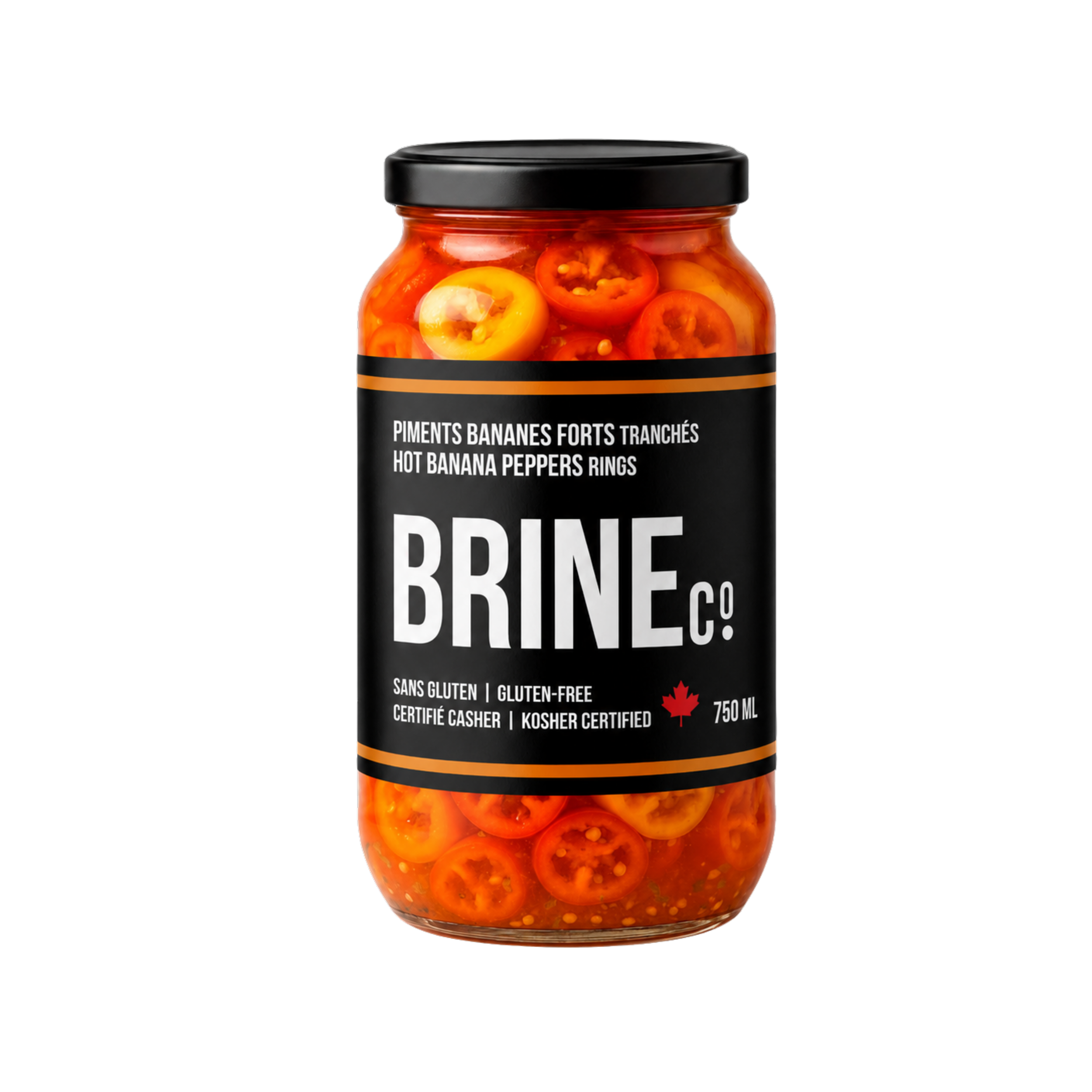 A glass jar filled with sliced yellow and red banana peppers submerged in clear liquid, labeled as gluten-free and kosher, with a black lid and black and orange label.