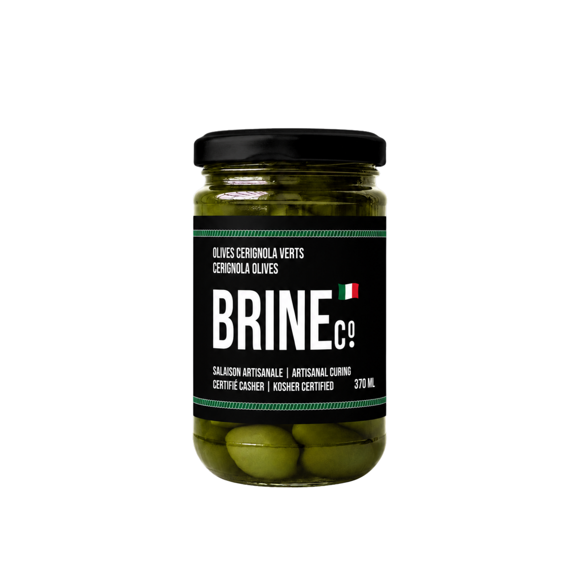 A jar of green cerignola olives with a black lid and a label reading 'Cerignola Olives'.