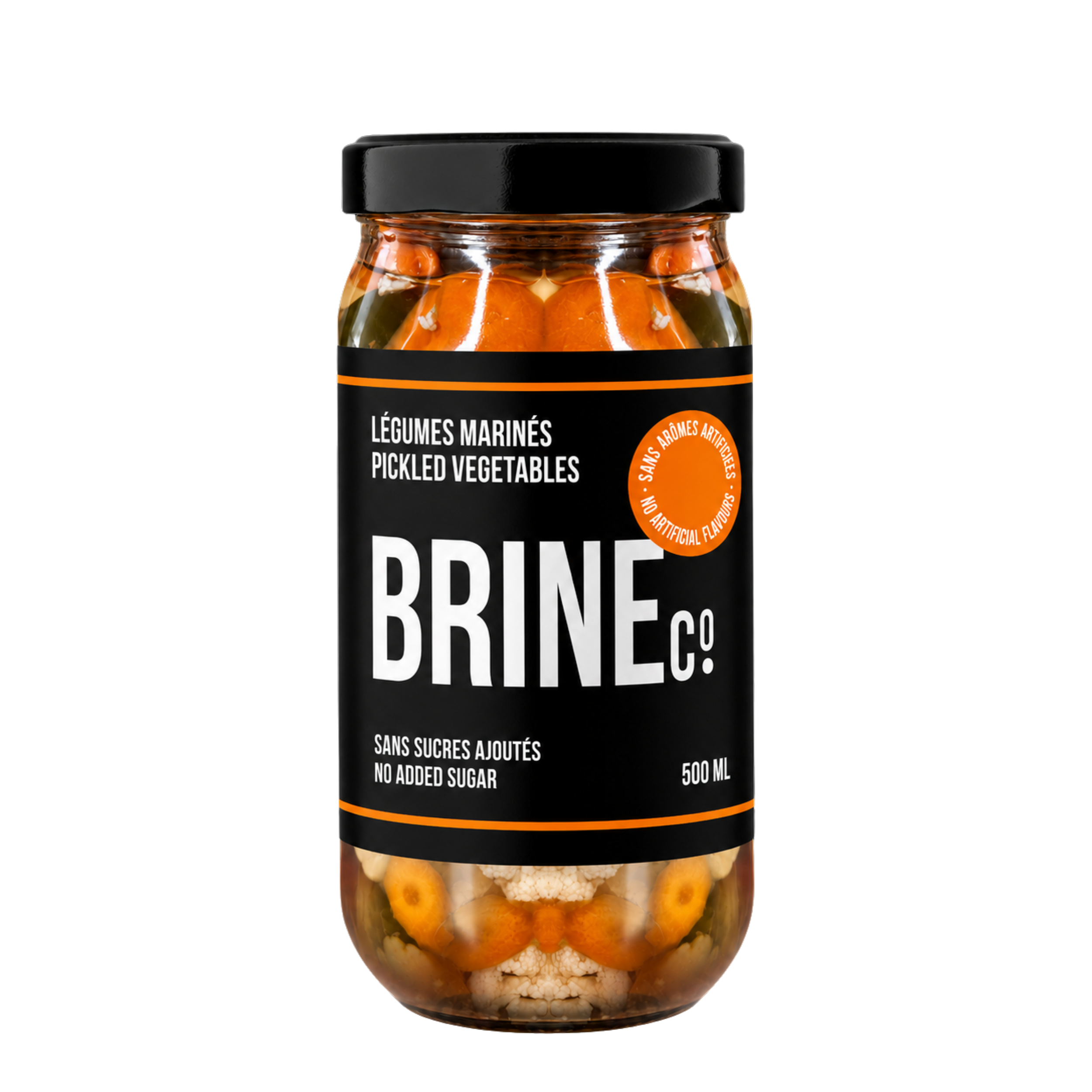 A jar of pickled vegetables with cauliflower, carrots, and green beans inside, labeled 'Légumes Marinés' and 'No Added Sugar' on a black background.