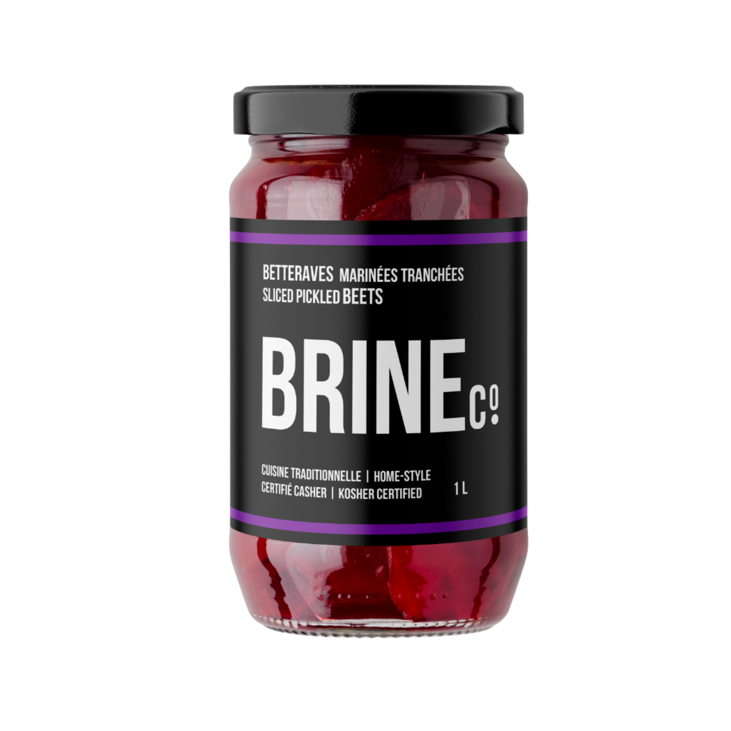 A glass jar filled with sliced pickled beets, with a black lid and a black label featuring purple stripes. The label has white text in French, English, and German stating that the contents are sliced pickled beets, kosher certified, and home-style.