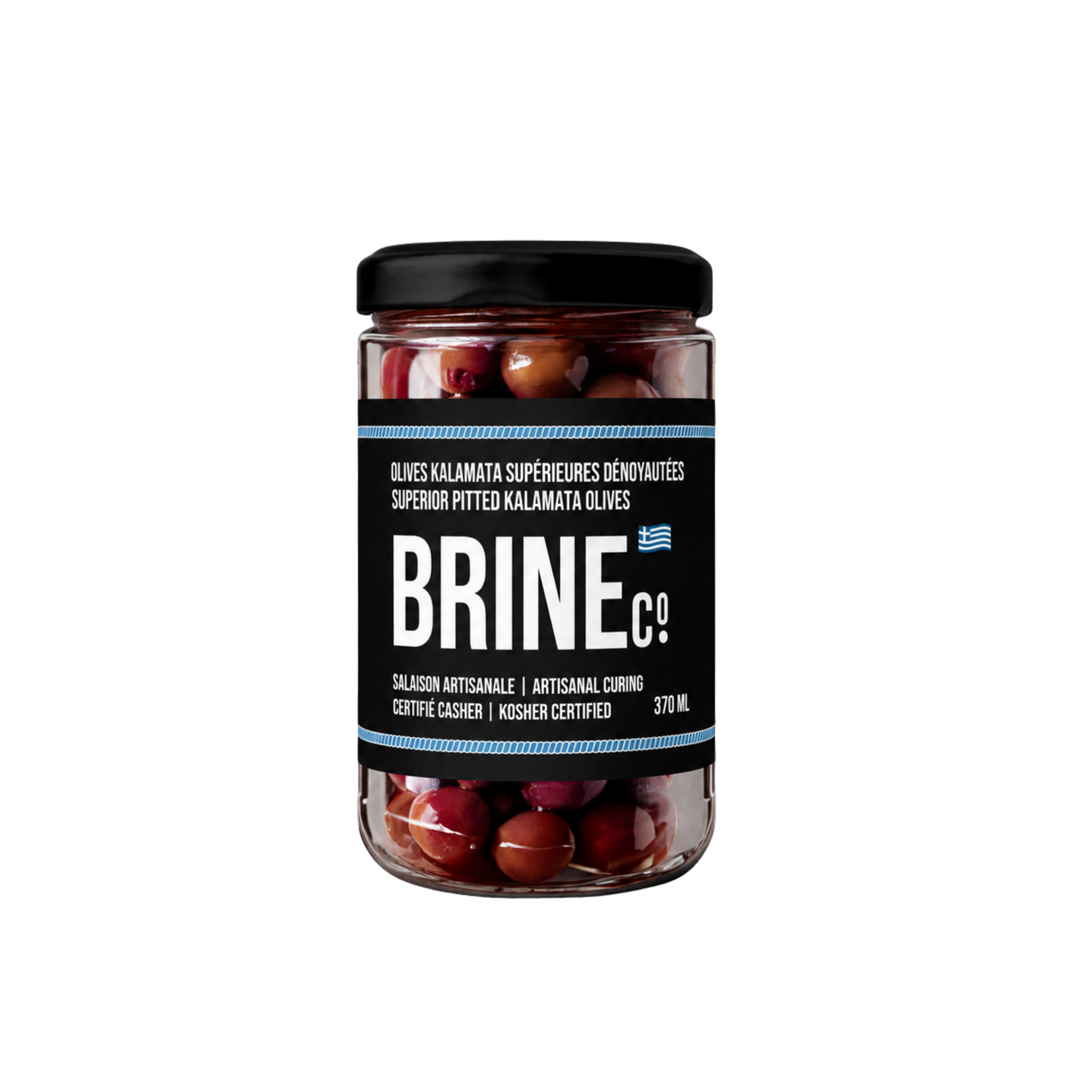 Jar of superior pitted Kalamata olives with black and brown olives visible inside, black lid, black and white label with blue accents, on a black background.