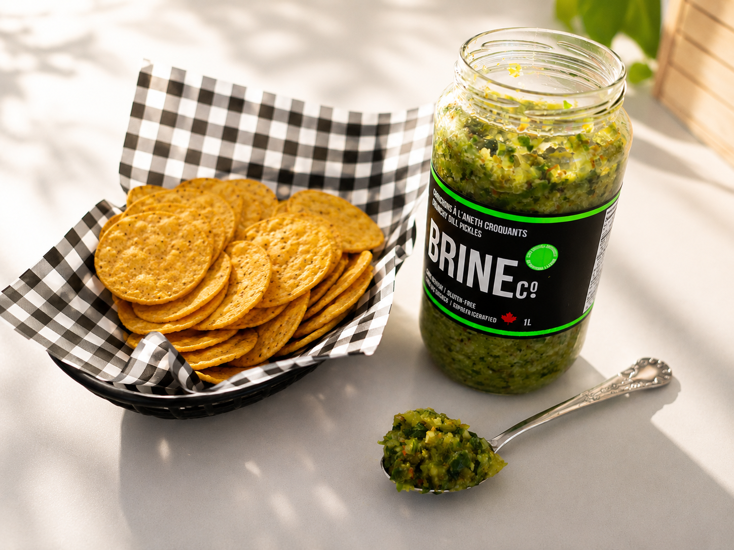 Brine Co. pickle relish served with crispy crackers.