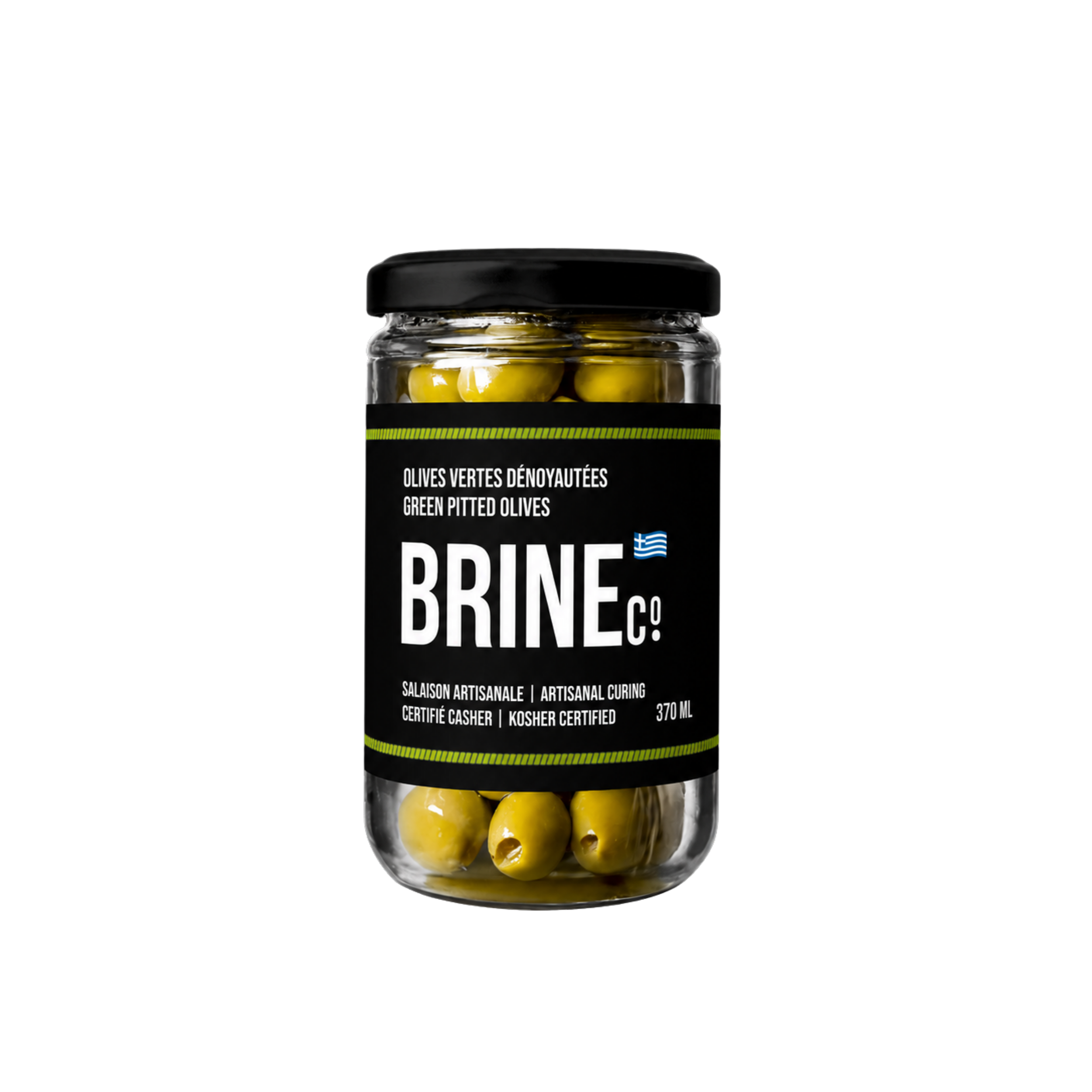 Jar of green pitted olives with black lid and black label.