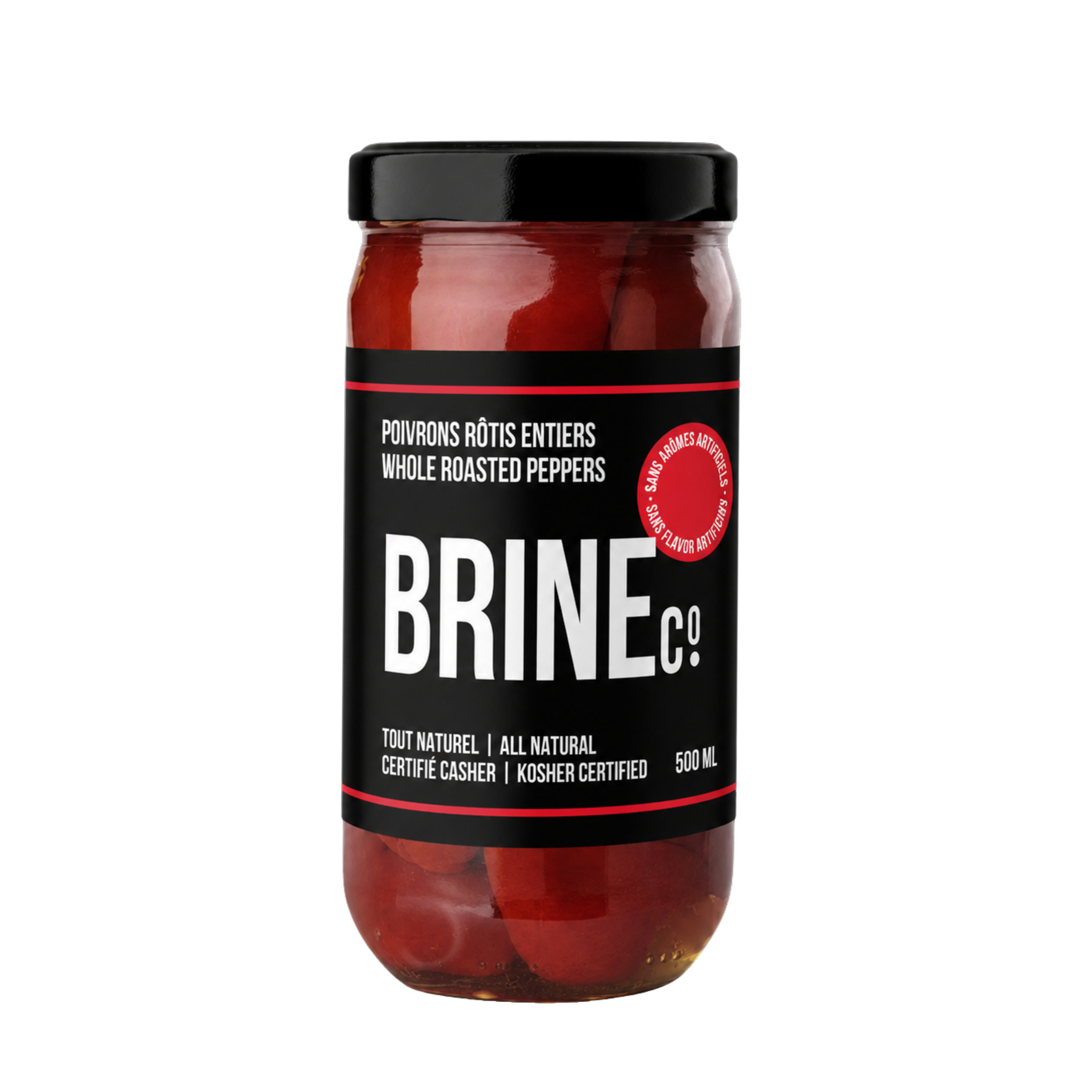 A jar of whole roasted peppers with a black lid and label, on a plain surface.