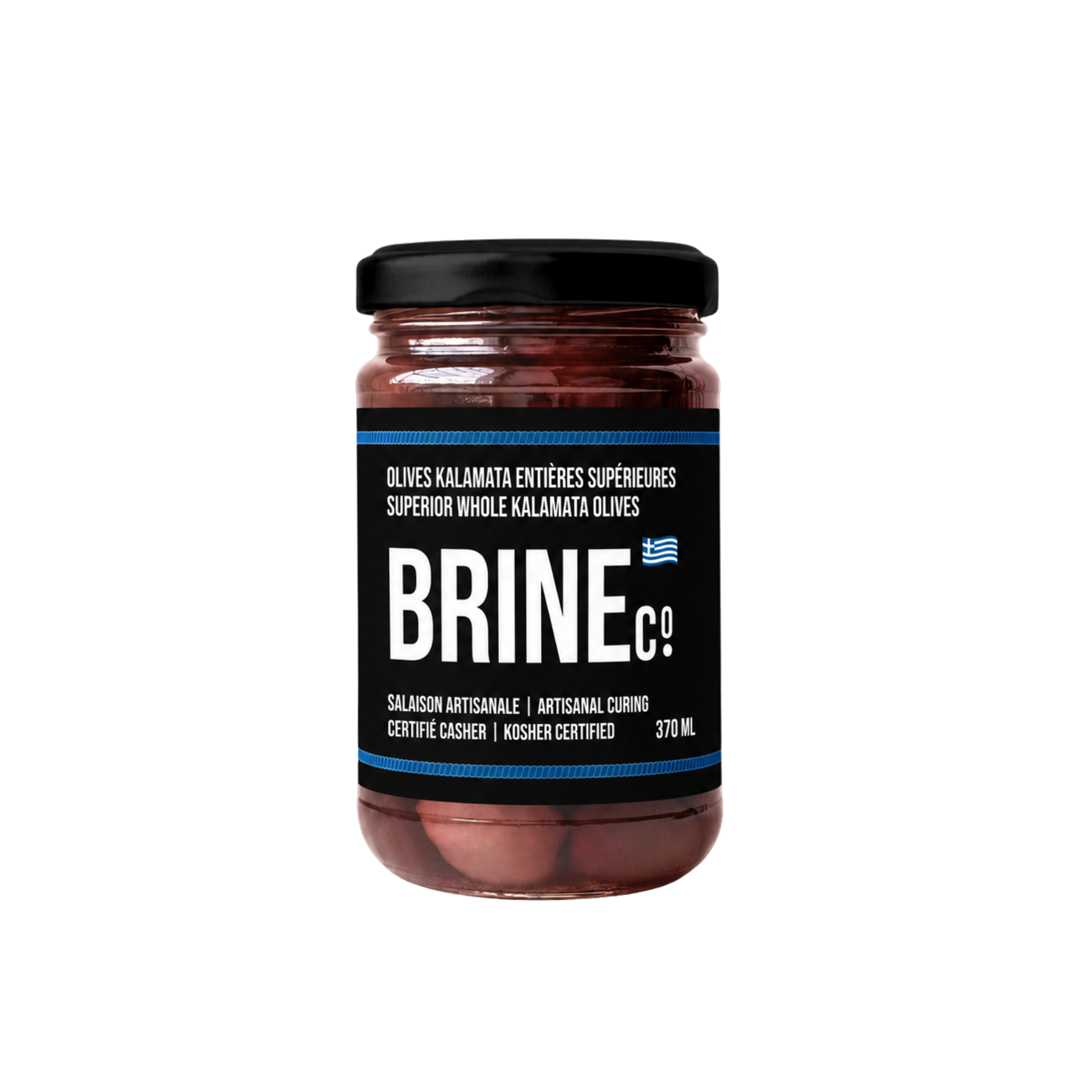 A jar label reads 'Superior Whole Kalamata Olives' with text in multiple languages, including Greek and French, and indicates the contents are artisan cured and kosher, with a capacity of 370 milliliters.