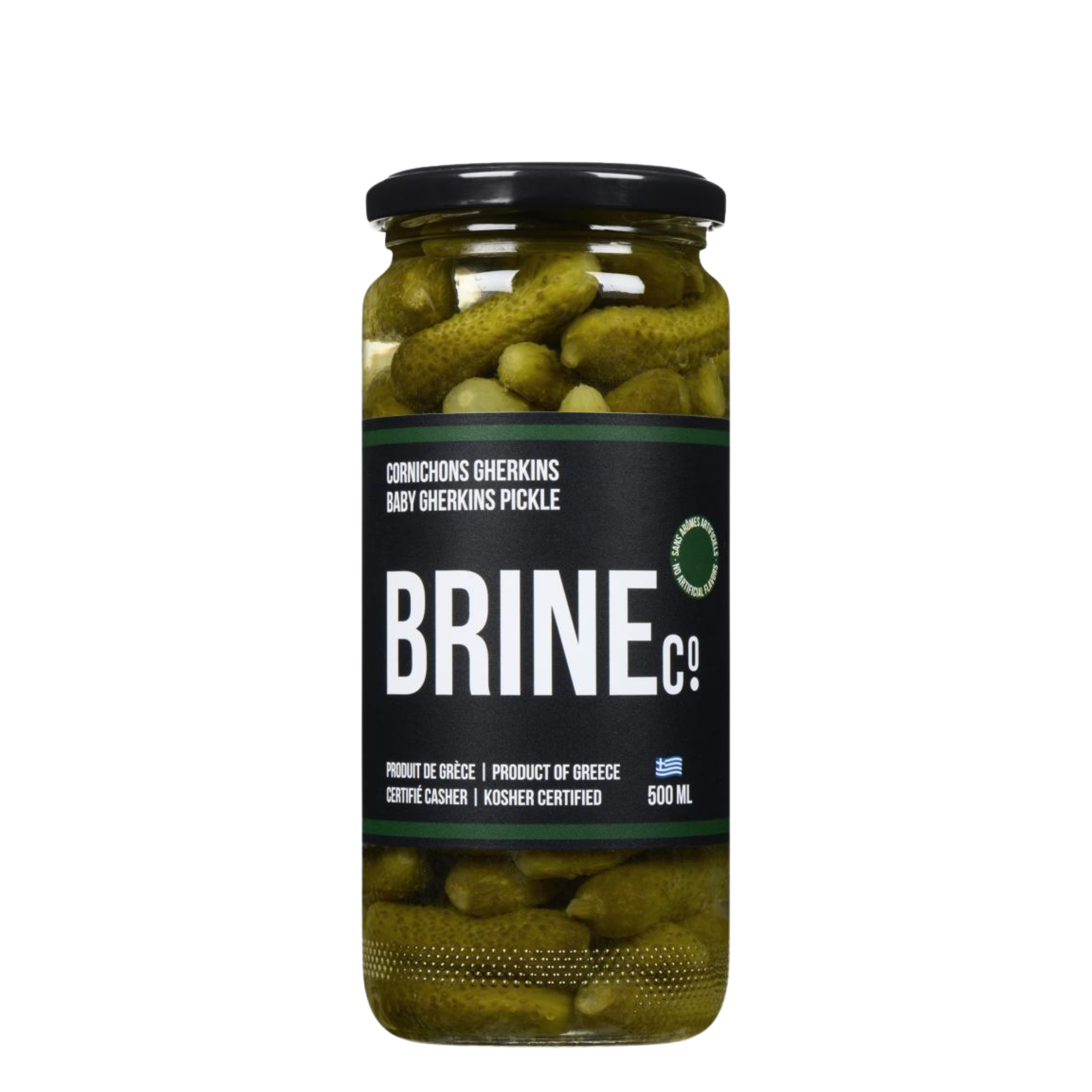 A jar of baby gherkins pickle with a black lid, labeled as kosher, product of Greece, containing 500 ml.