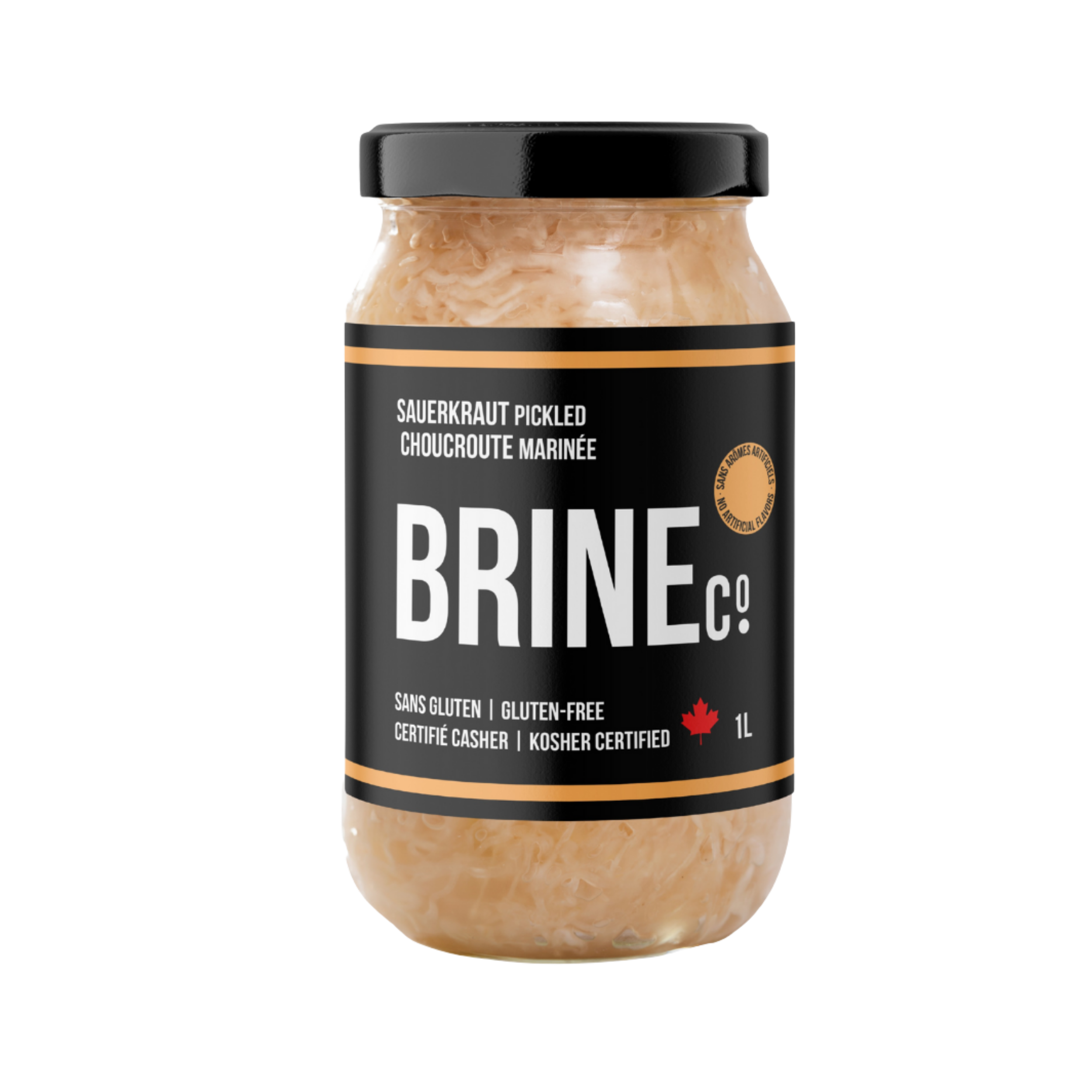 A jar of vegan, gluten-free, kosher certified sauerkraut in a glass jar with black and orange labeling.