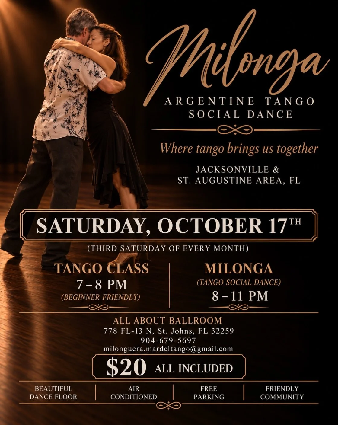Our Argentine Tango community just keeps growing, and we&rsquo;re loving every bit of it. 🇦🇷❤️

Join us Saturday, October 17th for our monthly Milonga at All About Ballroom! Whether you&rsquo;re new to Argentine Tango or already love spending an ev