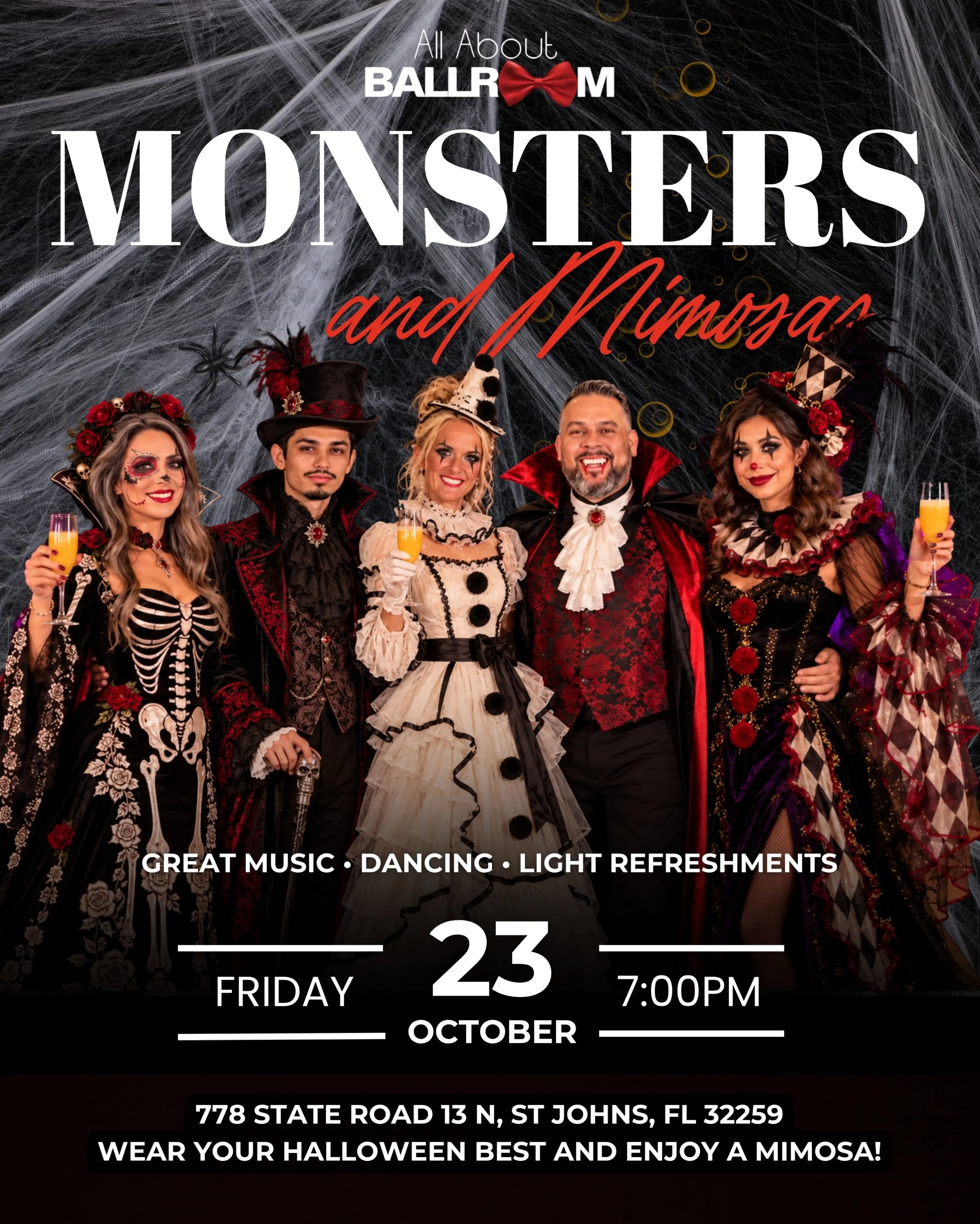 Join us for a Halloween Edition of our AAB Themed Socials! Monsters &amp; Mimosas is open to the public. Whether you&rsquo;re an All About Ballroom student, take lessons somewhere else, or are completely new to dancing, you&rsquo;re welcome to join u