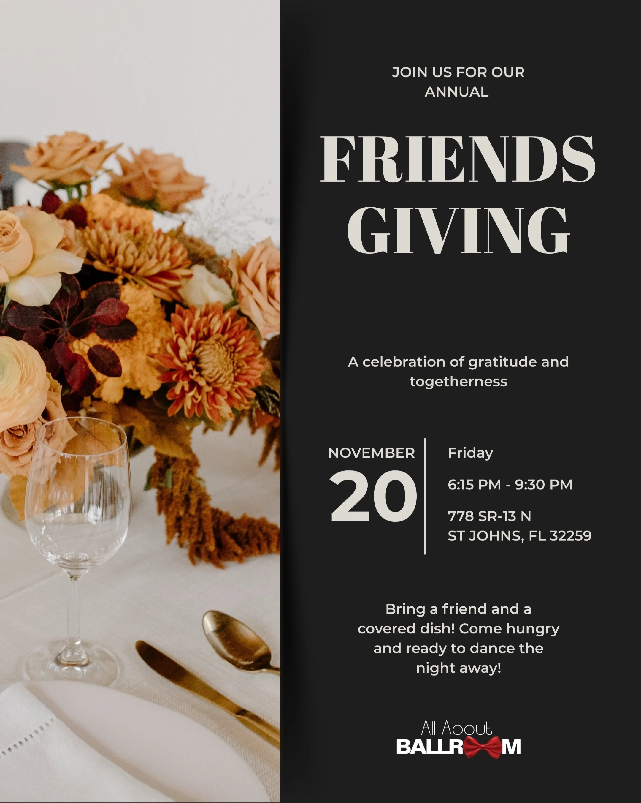 🍂🦃 GOOD FOOD, GREAT COMPANY &amp; PLENTY OF DANCING!

It&rsquo;s time for one of our favorite traditions at All About Ballroom &mdash; our annual FRIENDSGIVING CELEBRATION! 🧡

There&rsquo;s something special about gathering around the table with t
