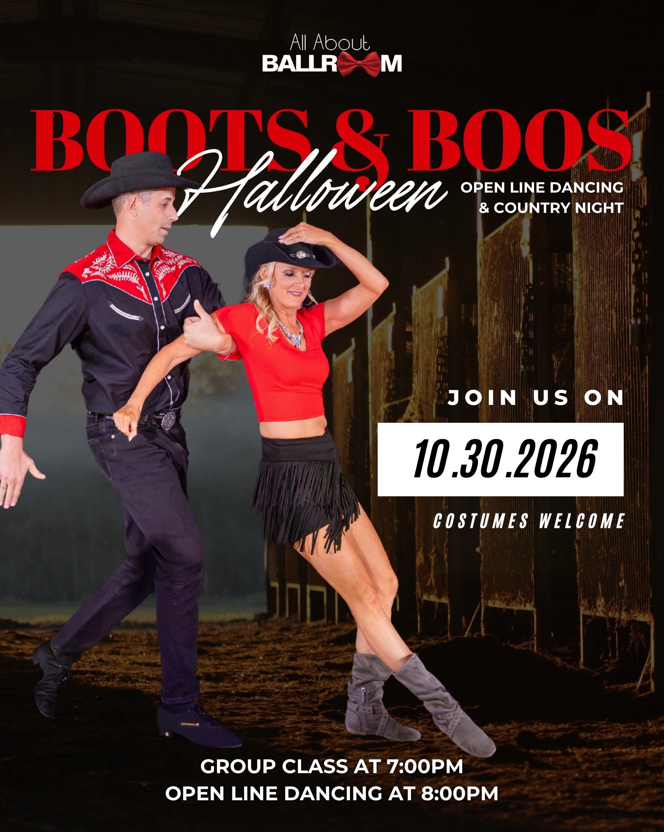 🤠🎃 BOOTS &amp; BOOS is coming to All About Ballroom!

Dust off those boots, round up your favorite dance partners, and get ready for a Halloween night with a little country flair! 👻

We&rsquo;re bringing together great music, line dancing, country