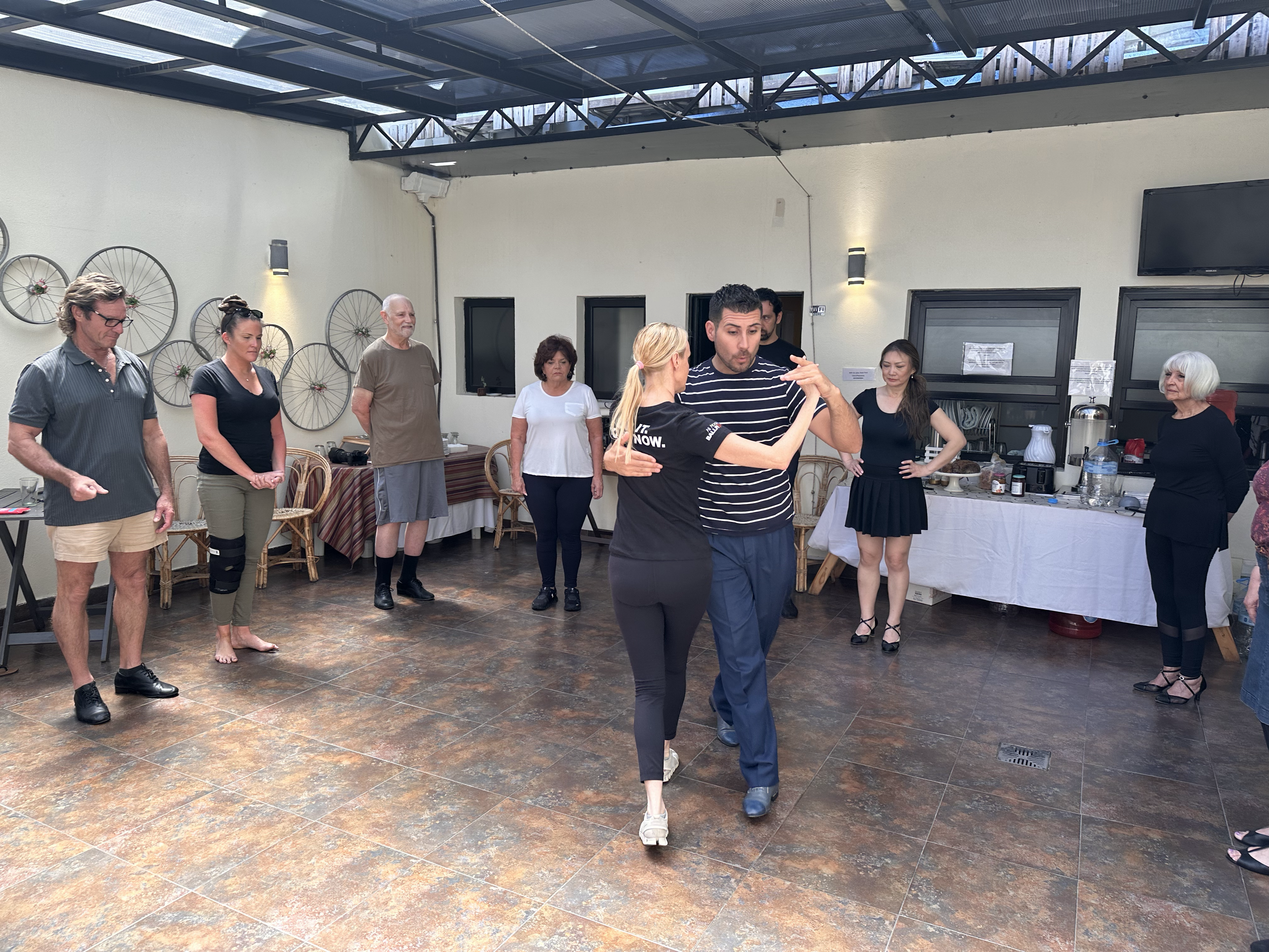 Heather Kornick and Cesar Davalos dancing Argentine Tango during a group class at All About Ballroom's dance retreat in Palermo, Buenos Aires.