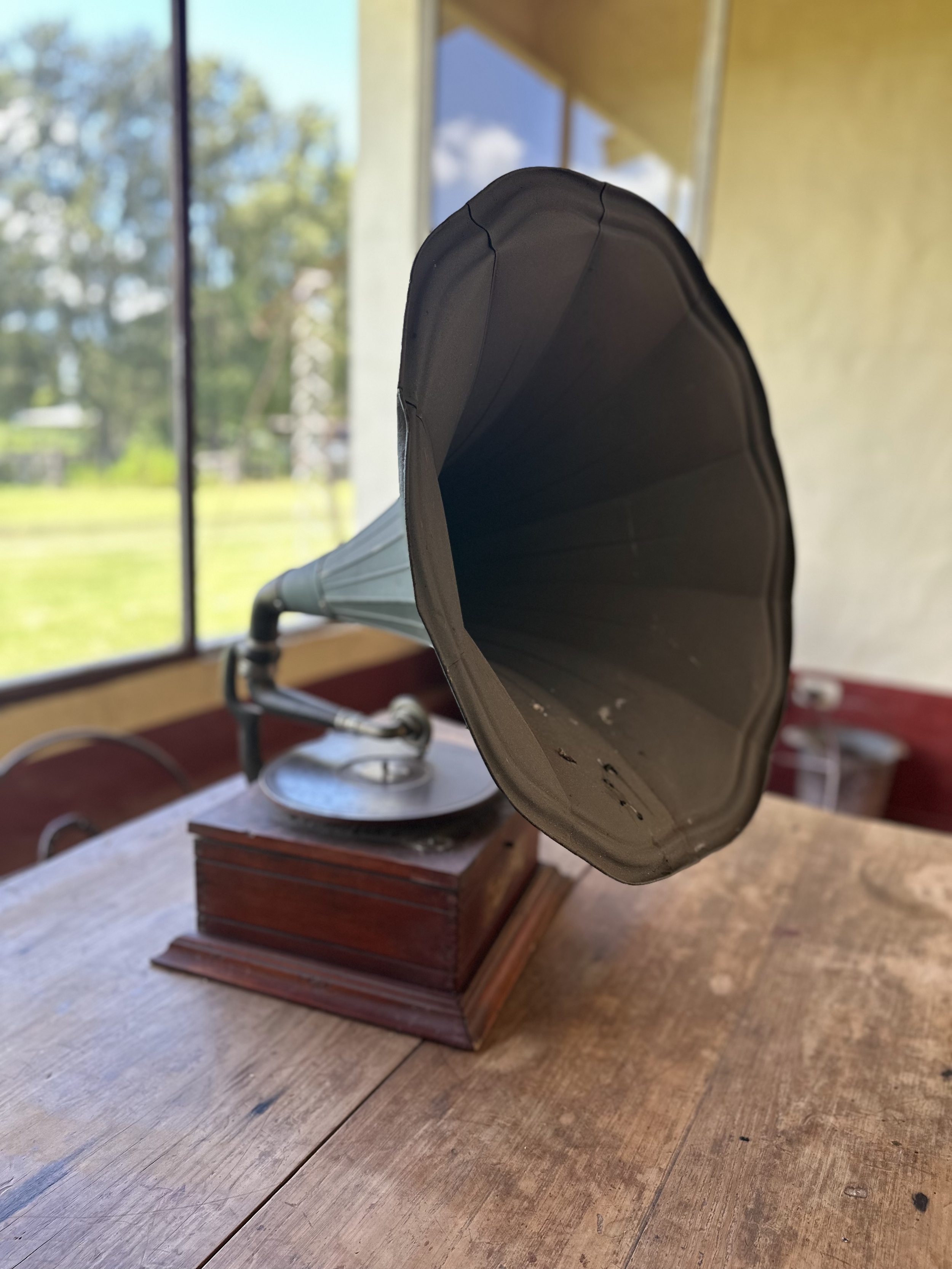 Antique gramophone at a traditional guacho ranch visited during an All About Ballroom dance retreat in Argentina.