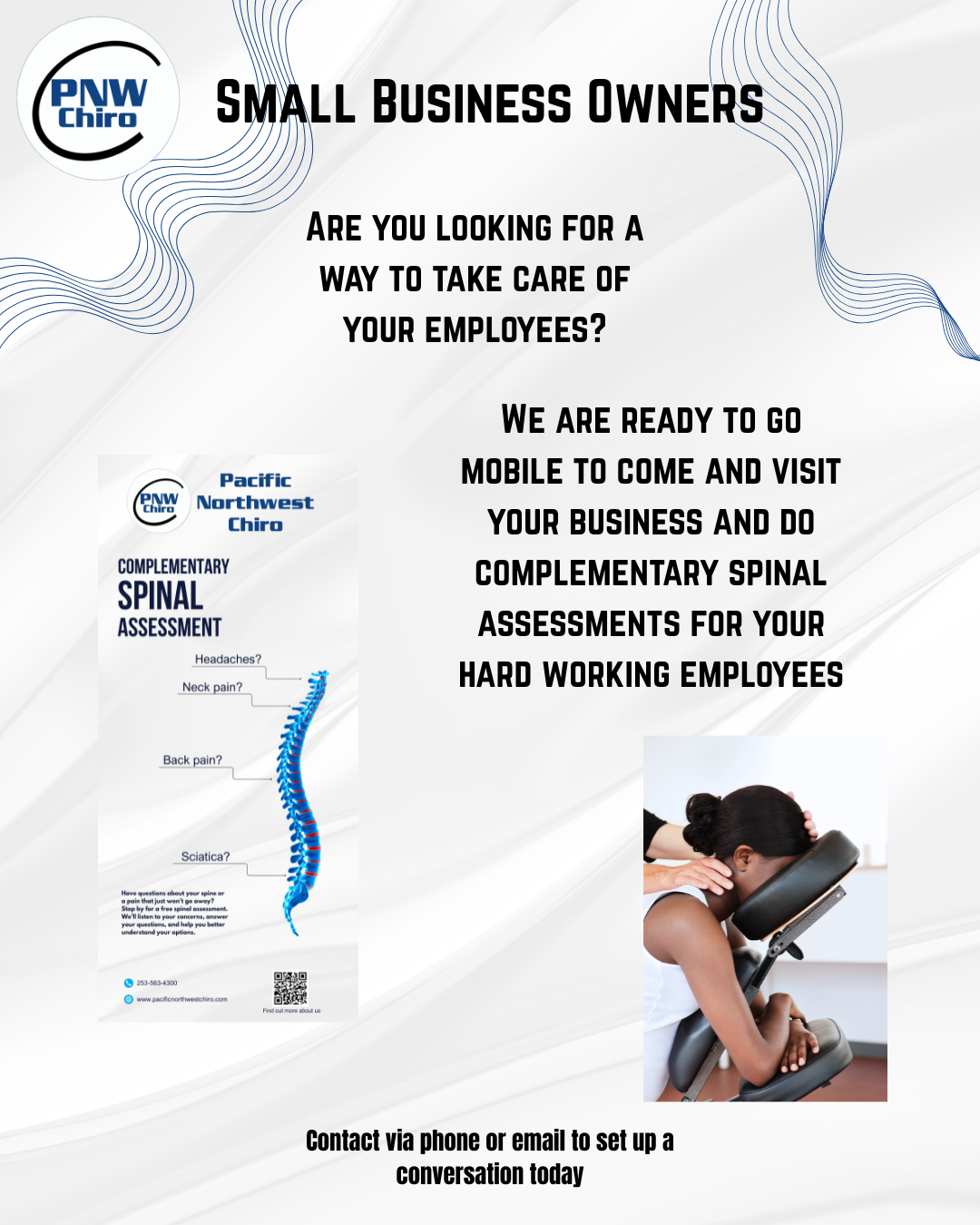 Pacific Northwest Chiro complimentary workplace spinal assessment event flyer in Federal Way, WA