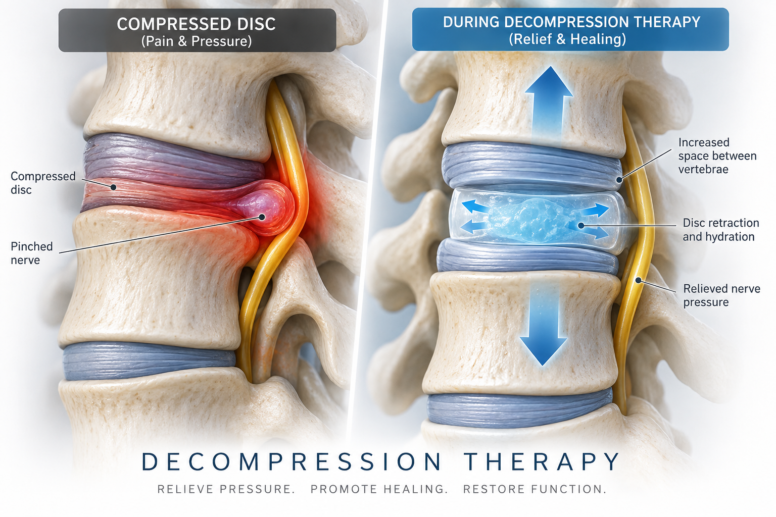 Illustration comparing a compressed spinal disc with a decompressed disc