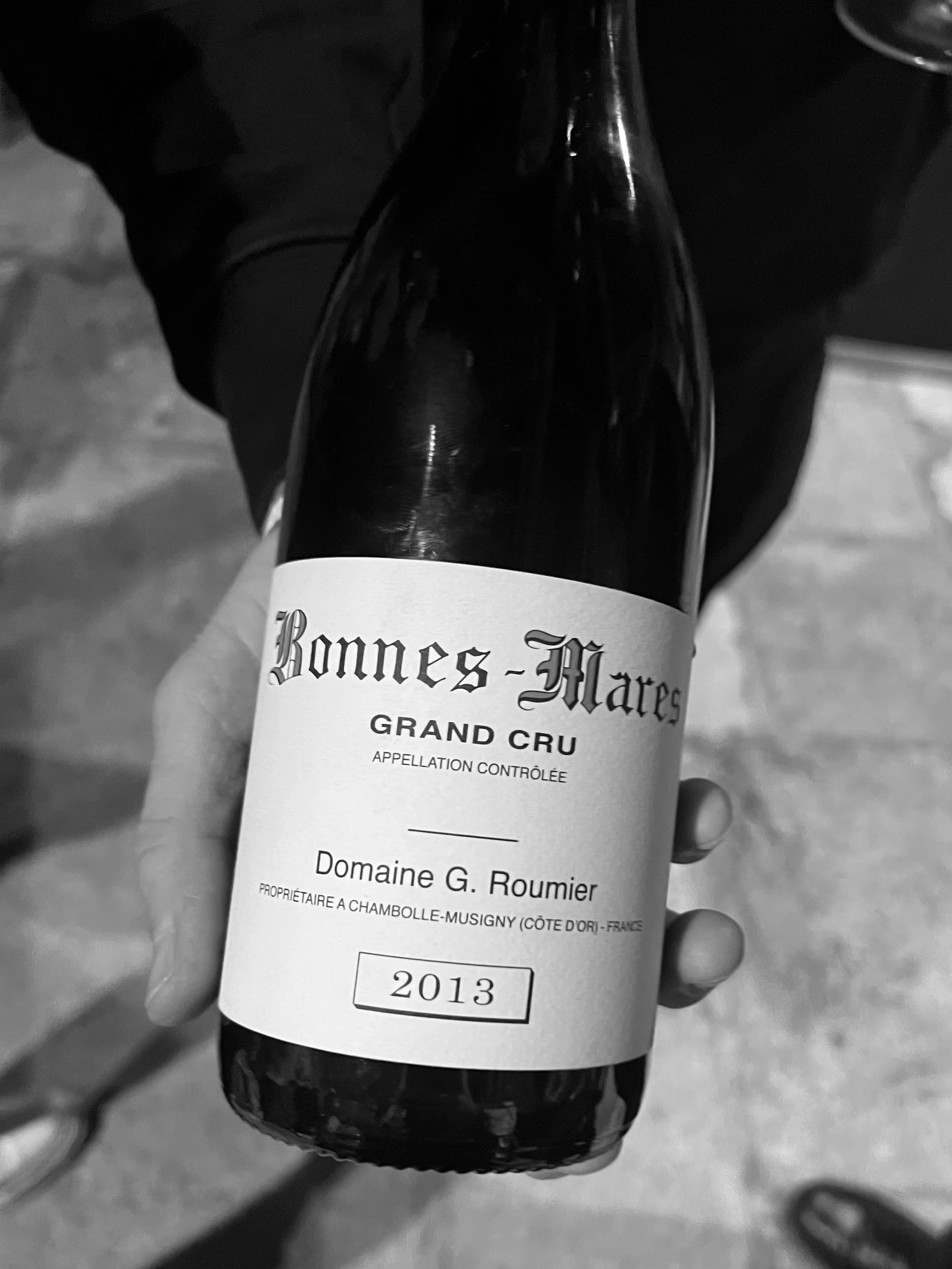 Close-up of a Bonnes-Mares Grand Cru wine bottle.