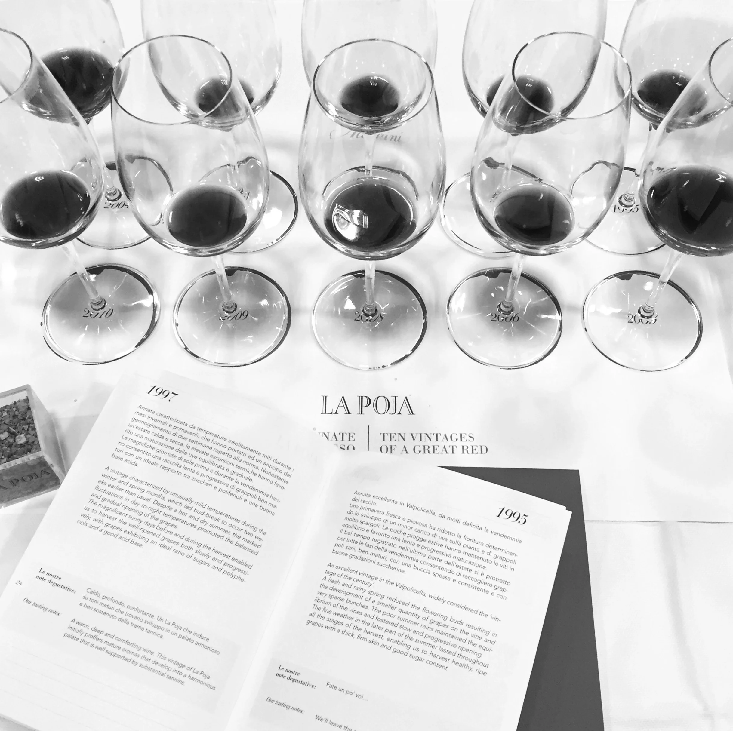 Wine tasting materials and glassware.