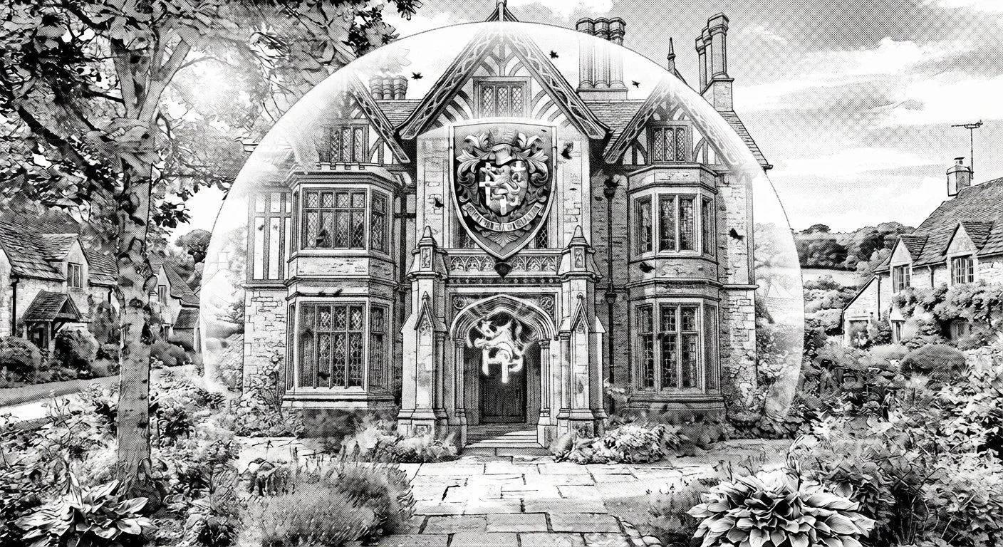 A large, gothic-style house with ornate architectural details and crest above the entrance, surrounded by a garden and neighboring houses.