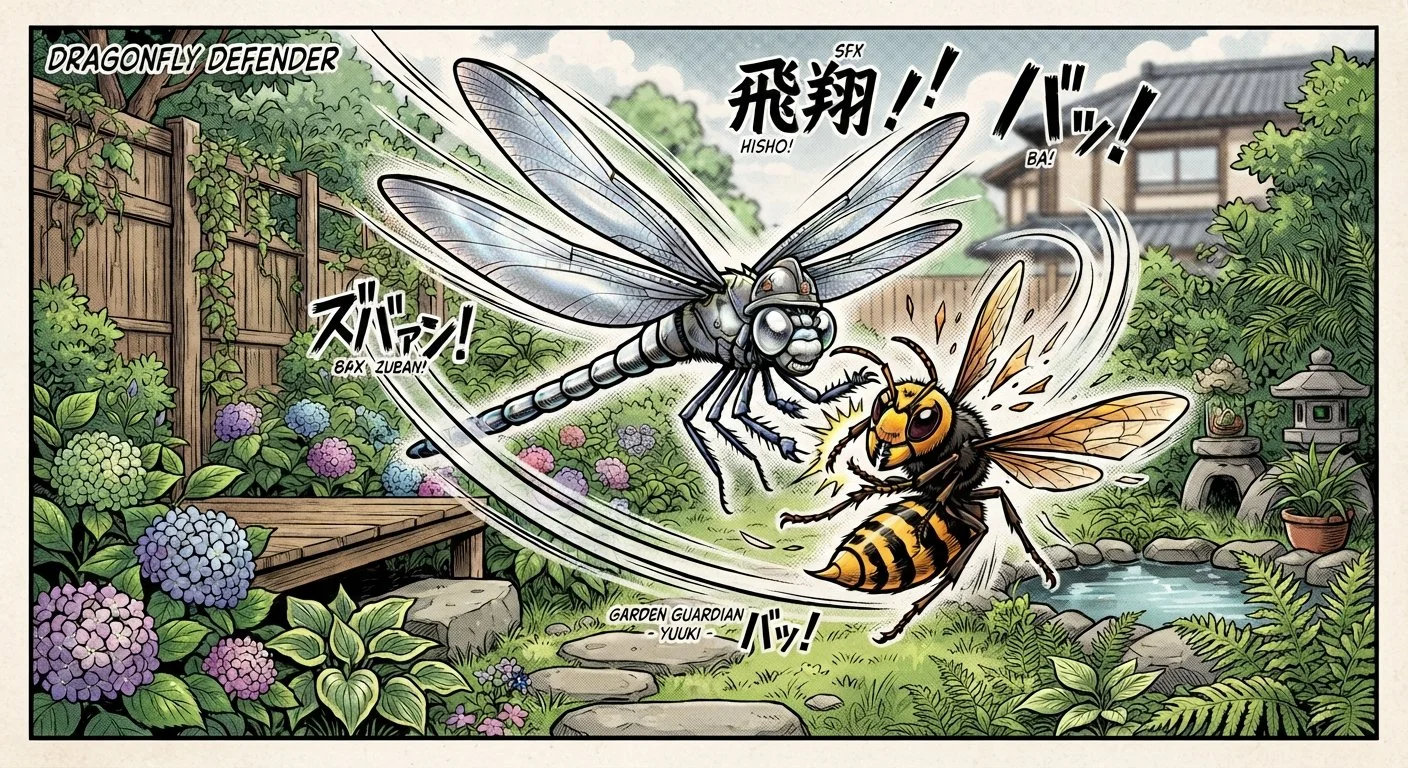 A comic panel showing a large dragonfly attacking a giant bee in a garden with lush green plants, hydrangeas, rocks, and a small pond. The dragonfly is fighting the bee in mid-air, with onomatopoeic sound effects and motion lines.