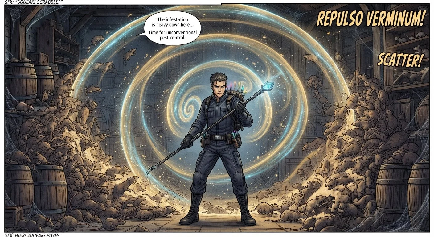 A male character in tactical gear stands in the center of a warehouse surrounded by a swirling portal and a massive pile of rats. He holds a staff with glowing crystals, and there are speech bubbles indicating he's commanding pest control efforts. The warehouse is filled with barrels and shelves, with rats falling and scattering around him.