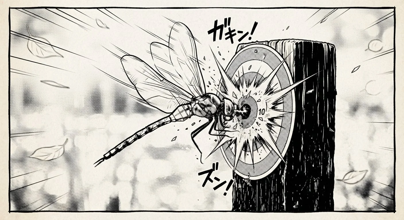 Black and white comic style illustration of a large insect, possibly a dragonfly, hitting a target on a wooden post with a piercing sound effect in Japanese. The insect's wings and body are detailed, and there are motion lines suggesting fast movement.