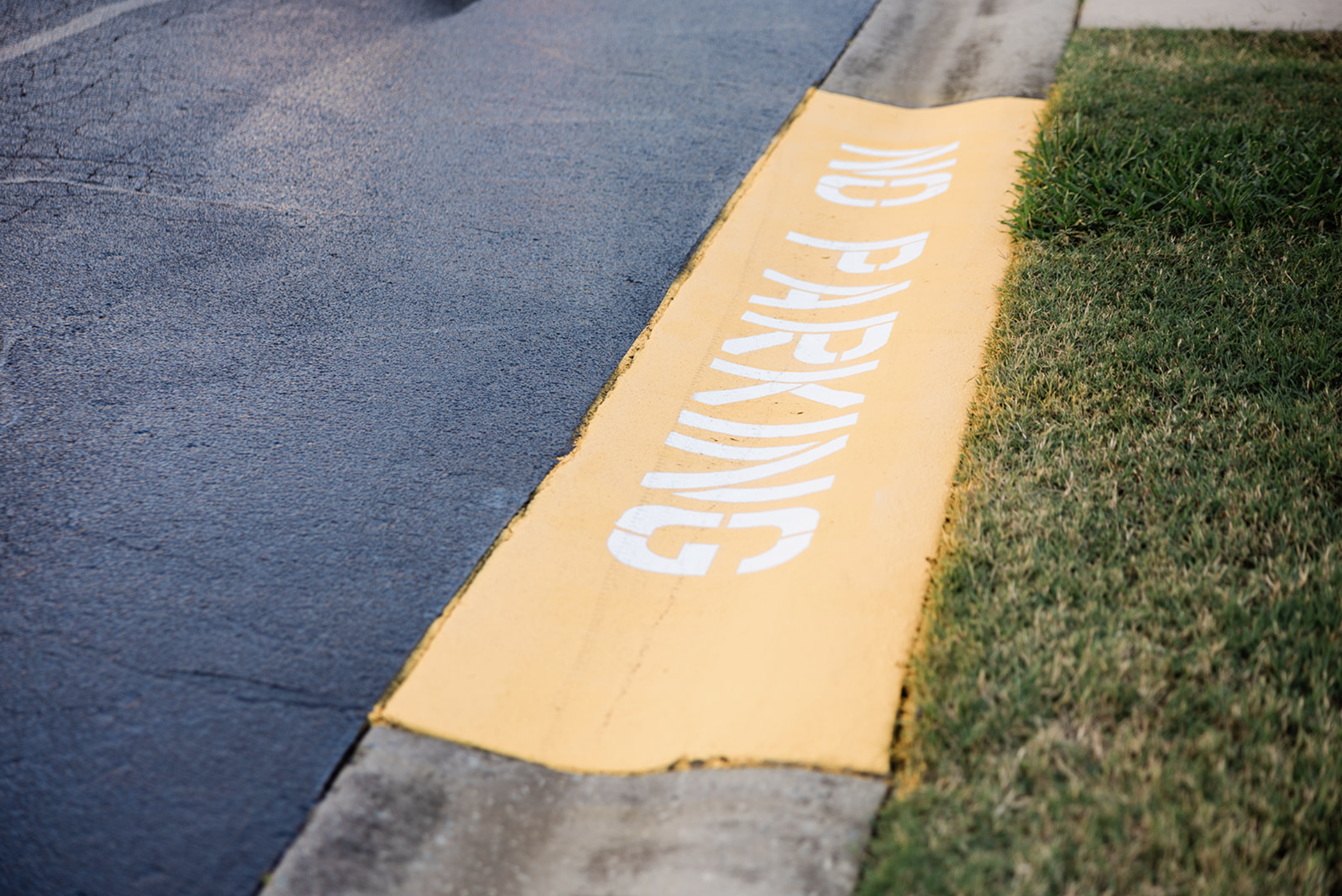 Close-up of a yellow fire lane curb with white painted lettering, bordered by a textured black asphalt street on the left and green grass on the right.