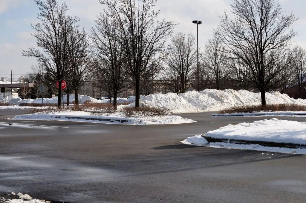 Snow plowed and piled along the edges of a commercial parking lot in winter, bare trees in the background, Durham NC